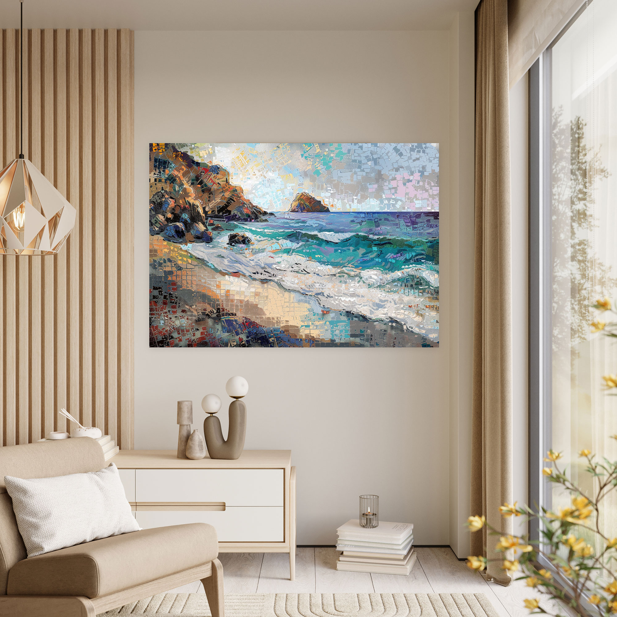 Tranquil Seascape Pointillism Canvas Print - Pointillism, Canvas Wall Art, Canvas Print, Wall Decoration