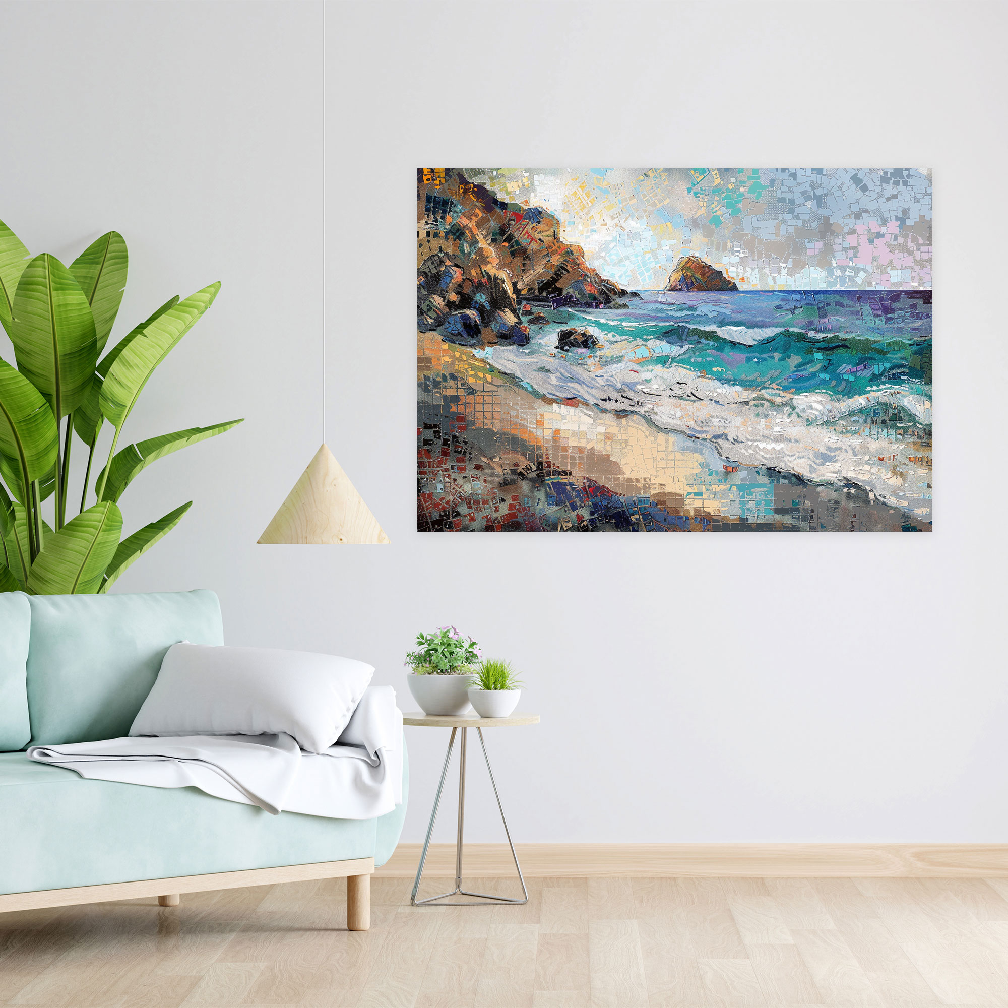 Tranquil Seascape Pointillism Canvas Print - Pointillism, Canvas Wall Art, Canvas Print, Wall Decoration
