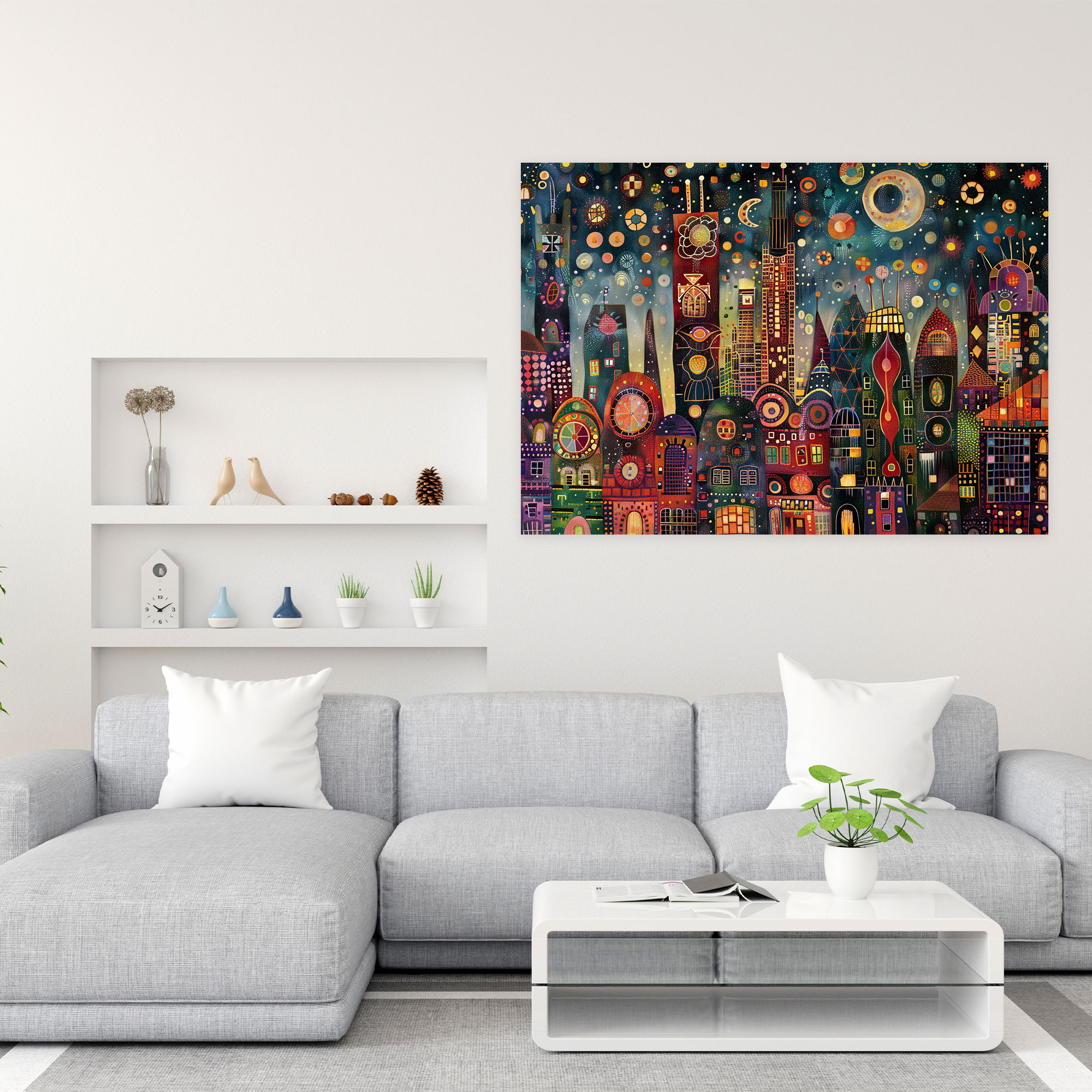 Whimsical Cityscape Pointillism Wall Decoration - Pointillism, Canvas Print, Home Decoration, Wall Decoration