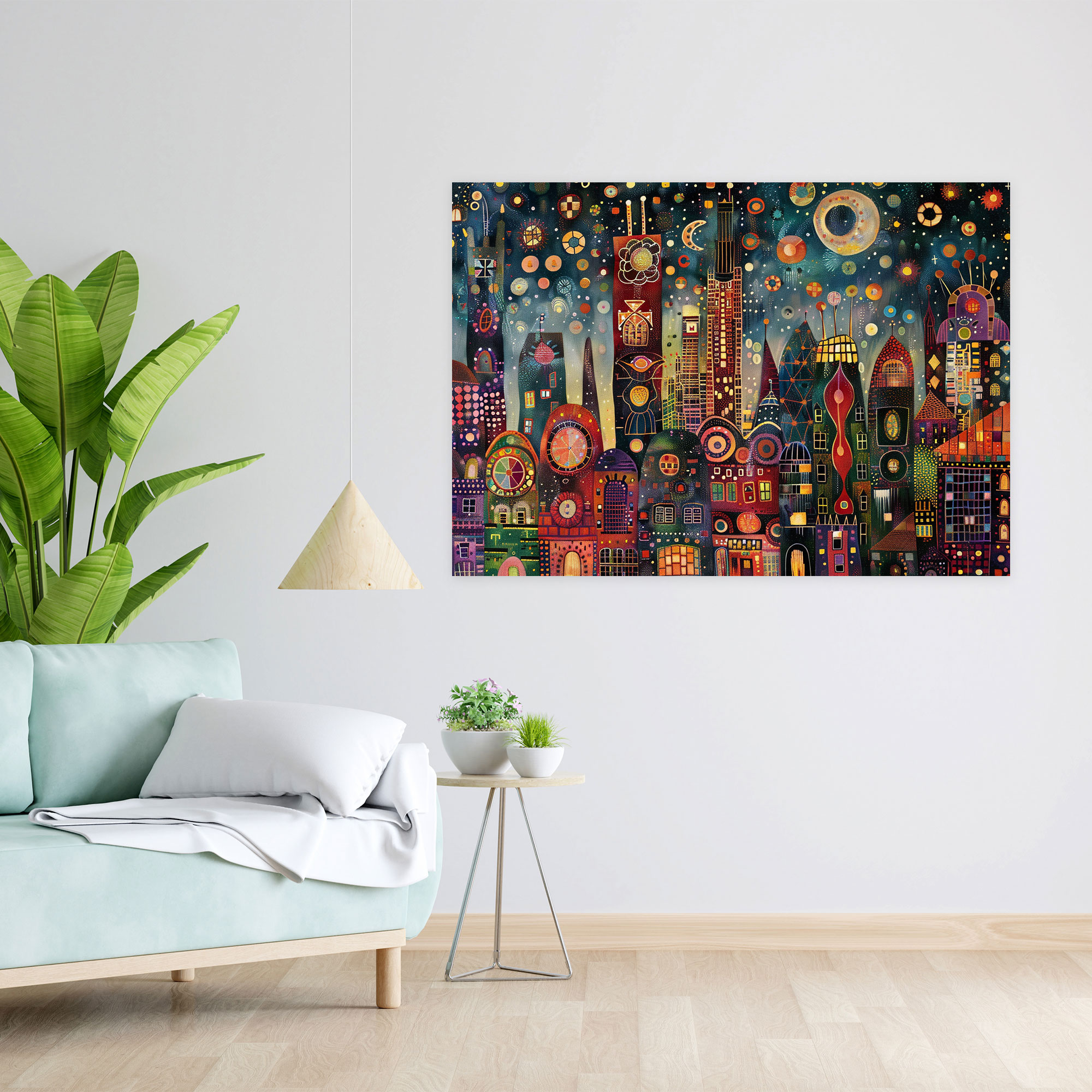 Whimsical Cityscape Pointillism Wall Decoration - Pointillism, Canvas Print, Home Decoration, Wall Decoration