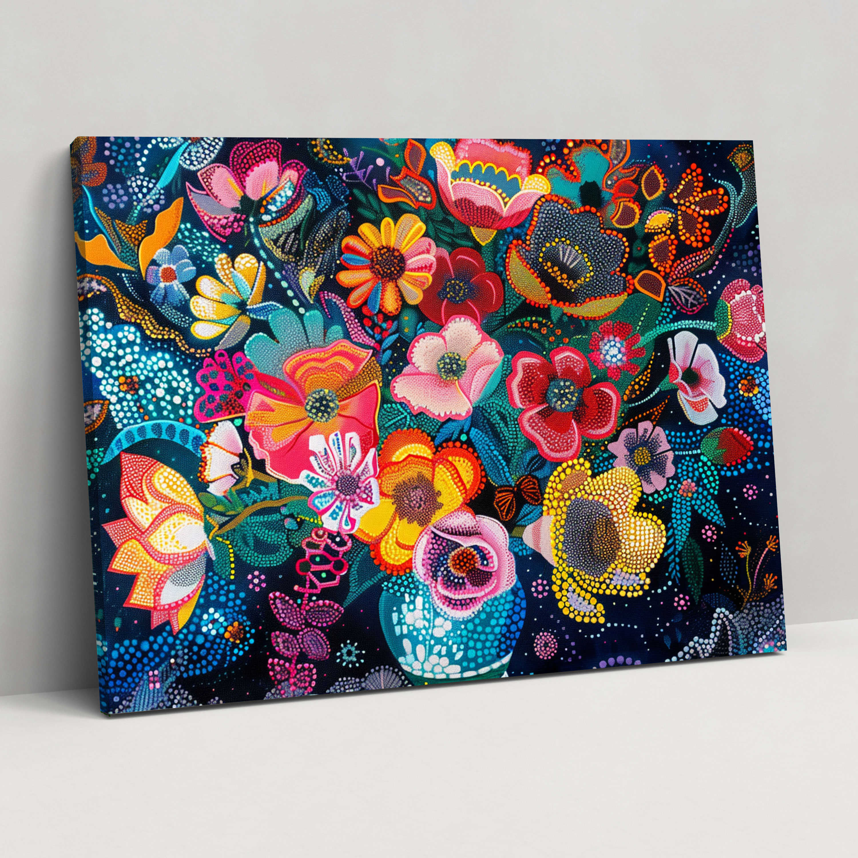 Floral Harmony Pointillism Wall Art - Pointillism, Canvas, Wall Decoration, Pointillism