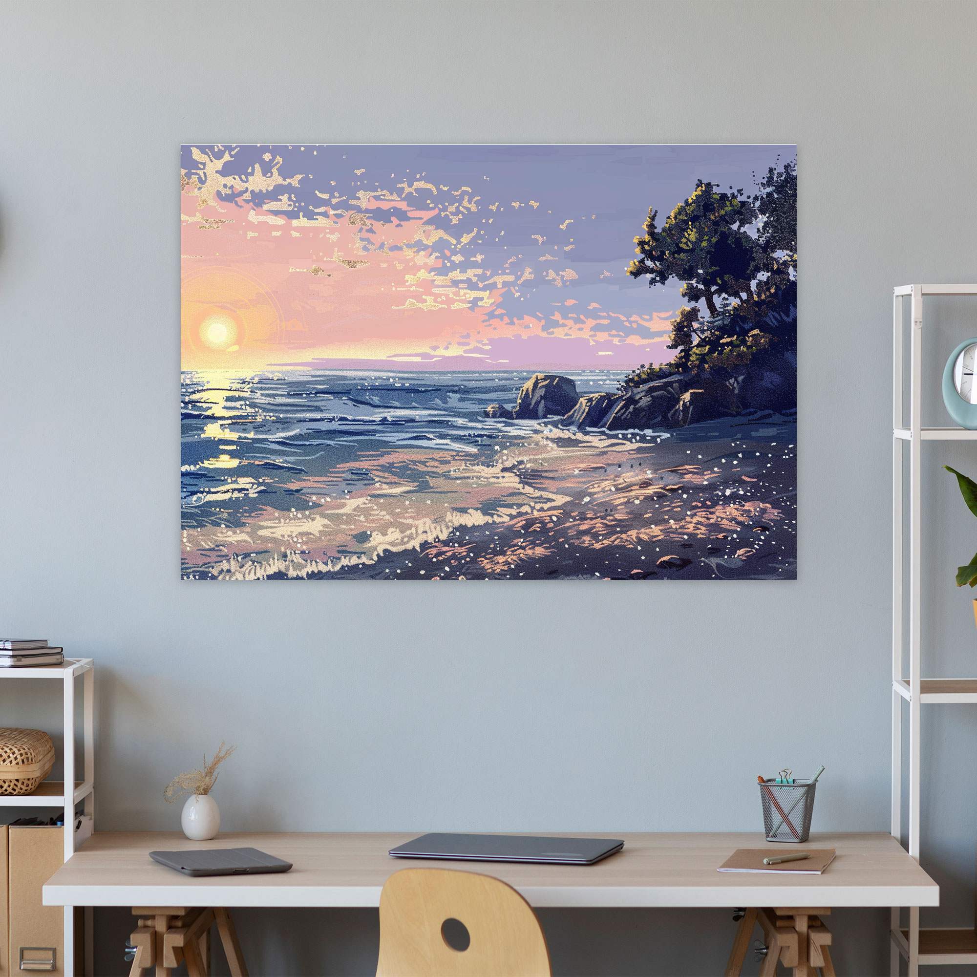 Calming Seascape Pointillism Wall Art - Pointillism, Canvas, Home Decoration, Wall Art