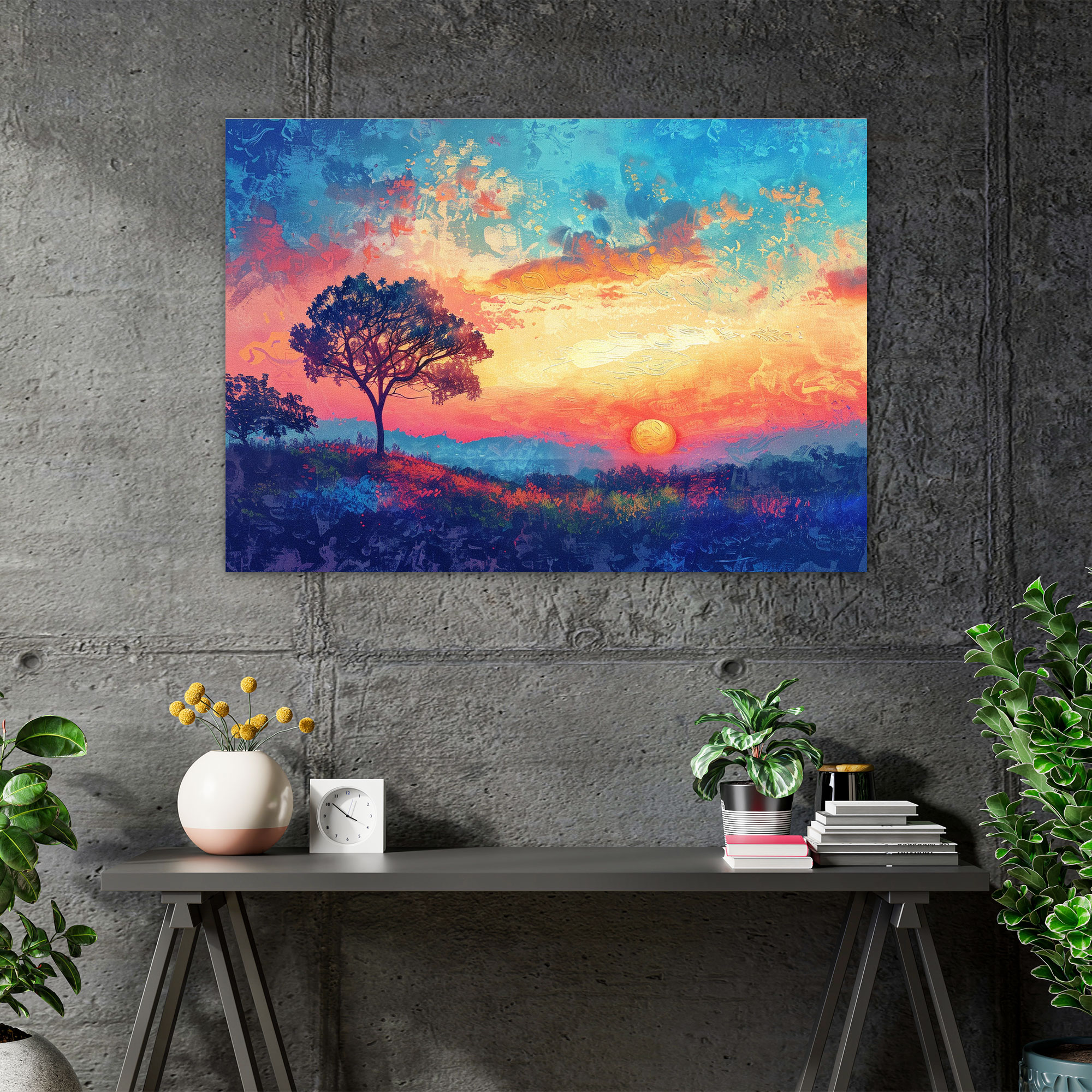 Sunset Landscape Pointillism Wall Art - Pointillism, Canvas Print, Wall Art, Wall Decoration
