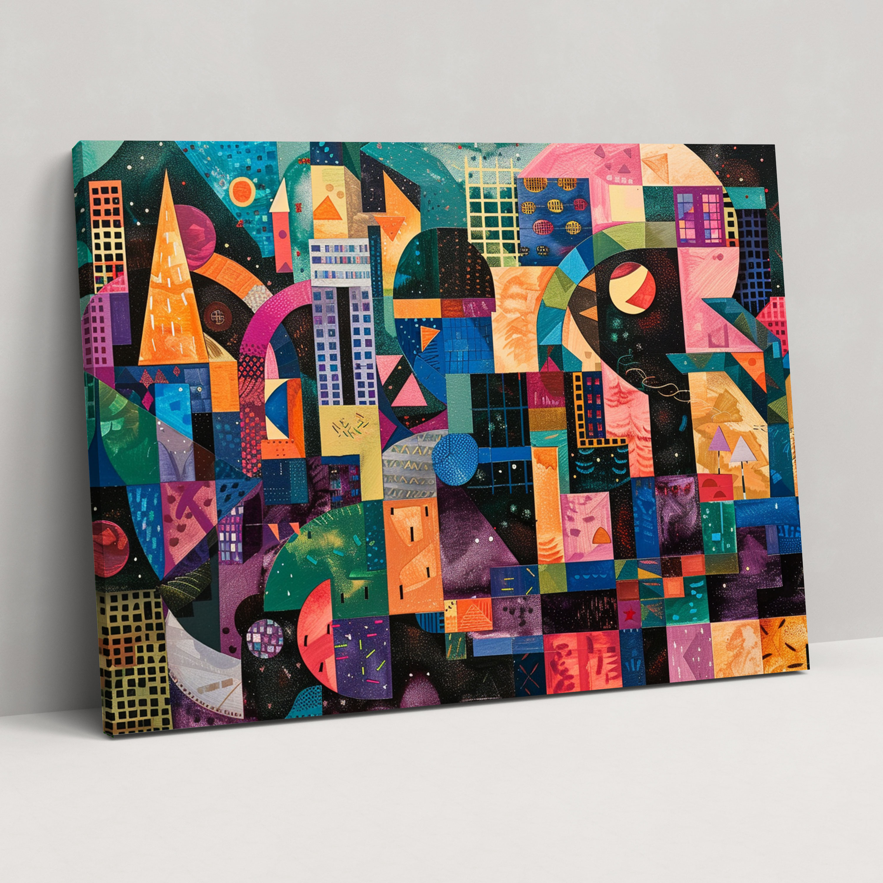 Geometric Cityscape Pointillism Wall Art - Pointillism, Wall Decoration, Home Decoration, Canvas