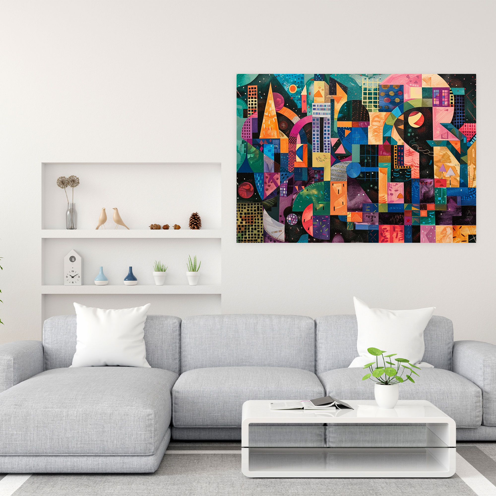 Geometric Cityscape Pointillism Wall Art - Pointillism, Wall Decoration, Home Decoration, Canvas