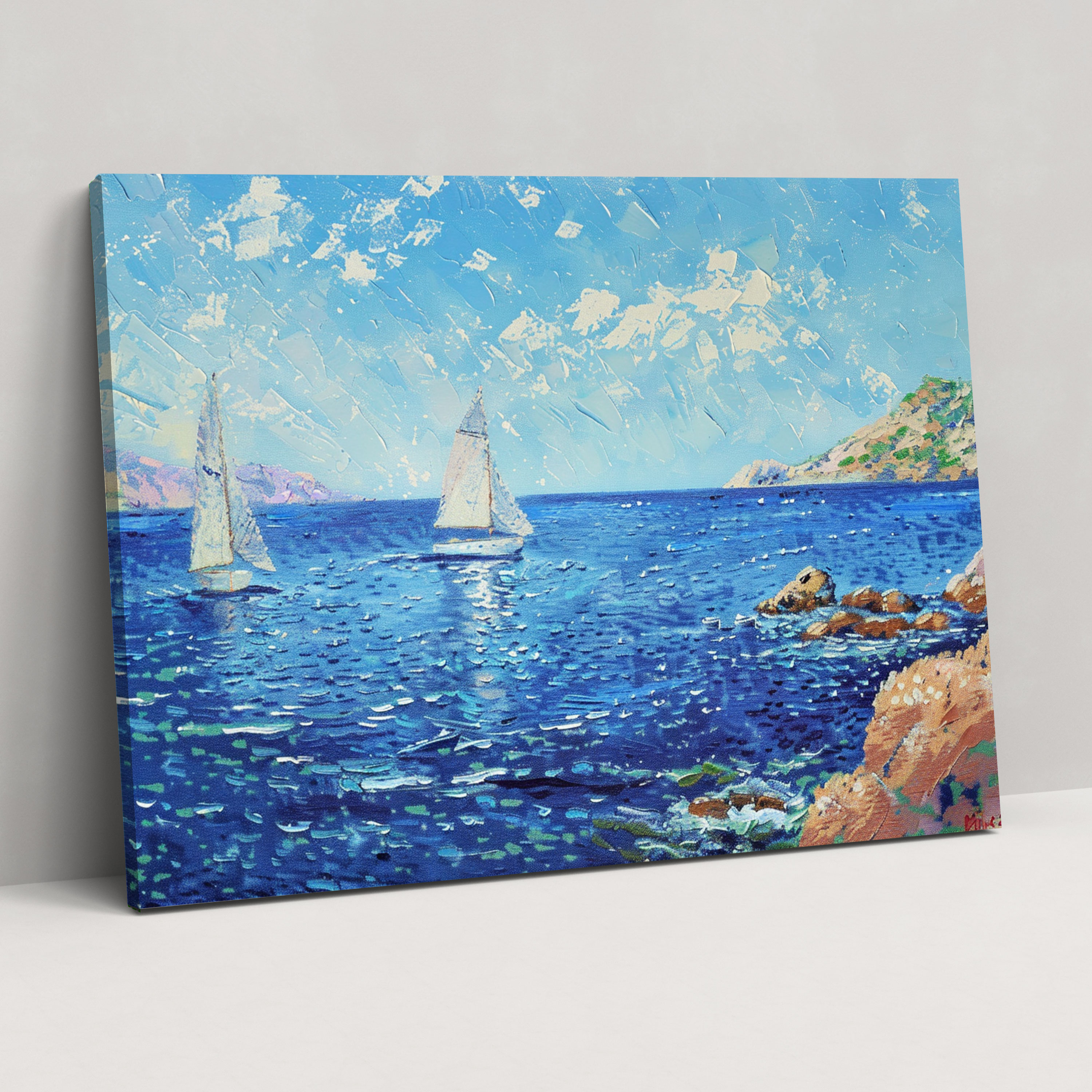 Seascape Sailboats Pointillism Canvas Print - Pointillism, Home Decoration, Canvas, Wall Decoration