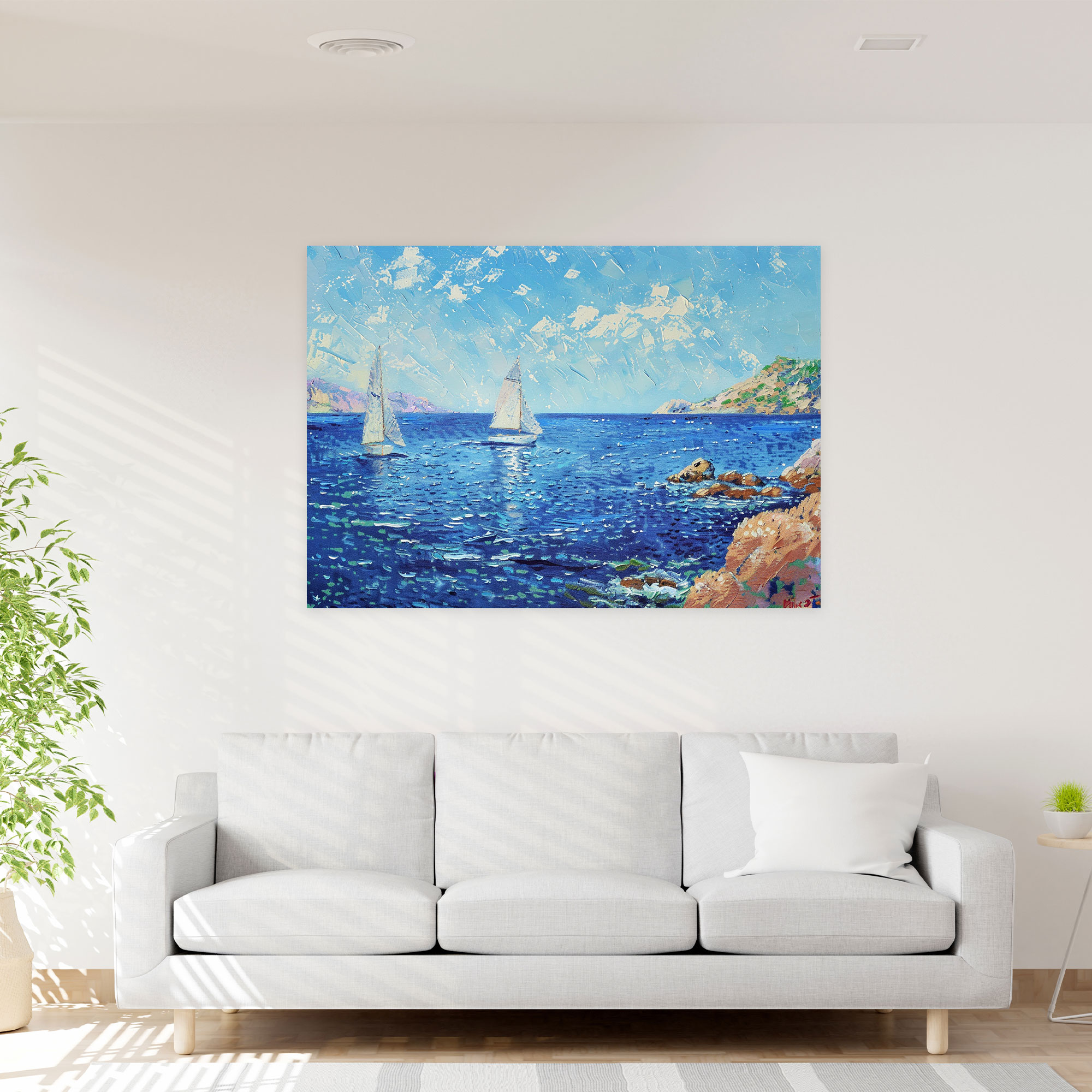 Seascape Sailboats Pointillism Canvas Print - Pointillism, Home Decoration, Canvas, Wall Decoration