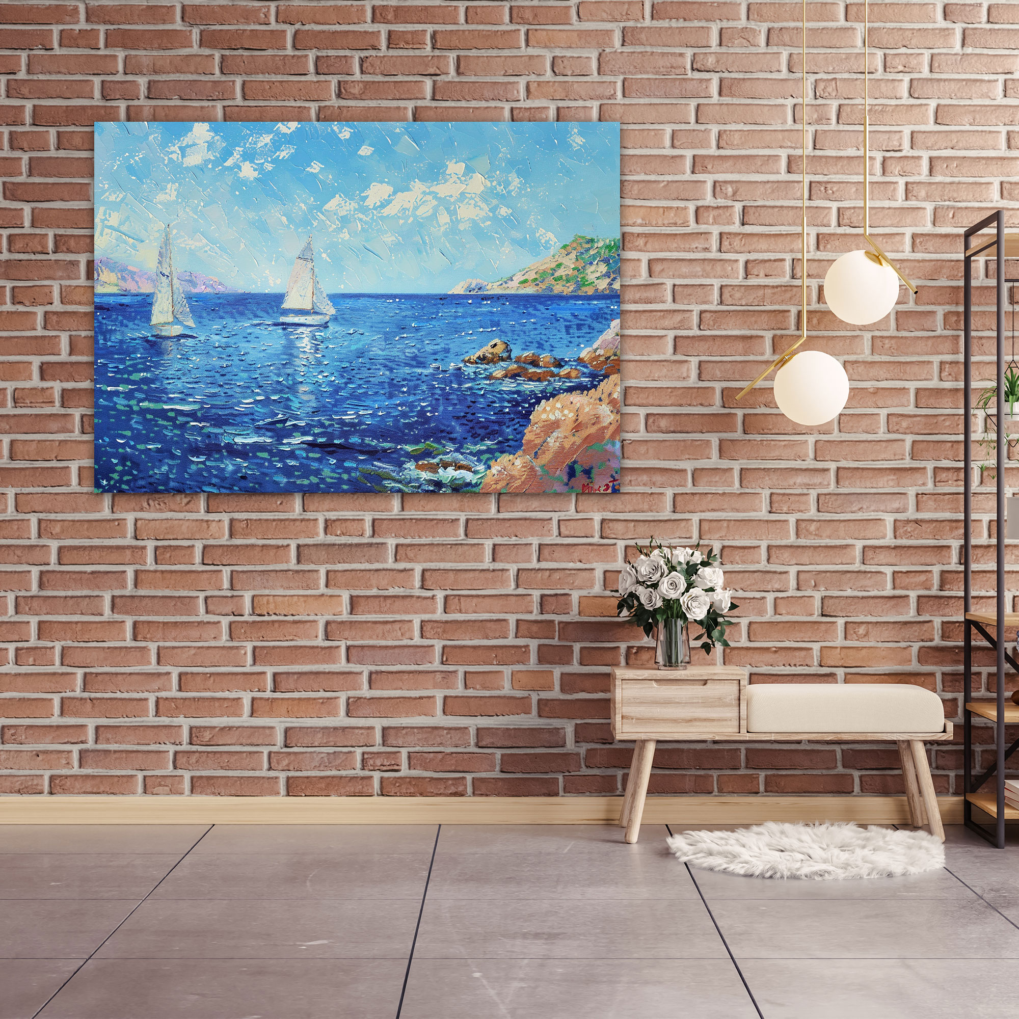 Seascape Sailboats Pointillism Canvas Print - Pointillism, Home Decoration, Canvas, Wall Decoration