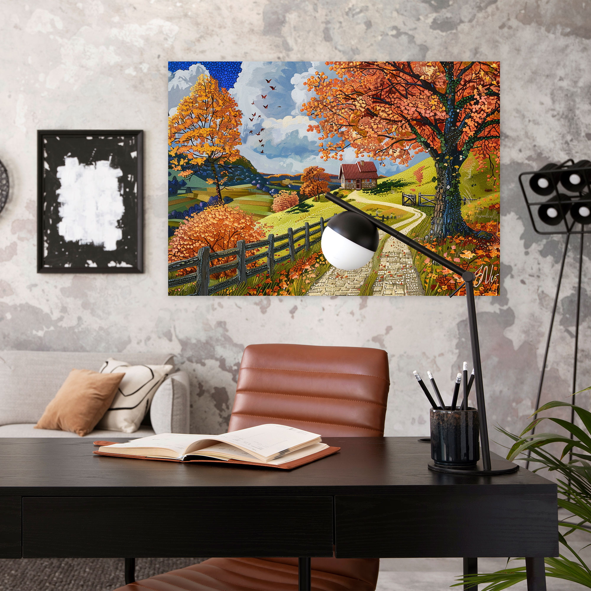 Countryside Landscape Pointillism Canvas Print - Pointillism, Canvas Wall Art, Wall Art, Wall Decoration
