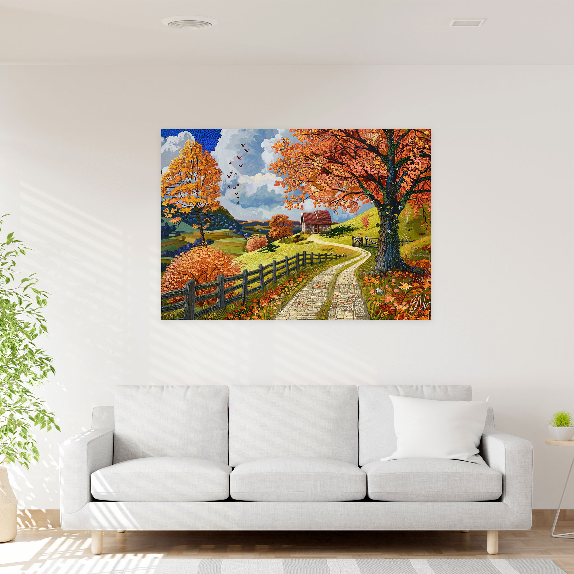 Countryside Landscape Pointillism Canvas Print - Pointillism, Canvas Wall Art, Wall Art, Wall Decoration