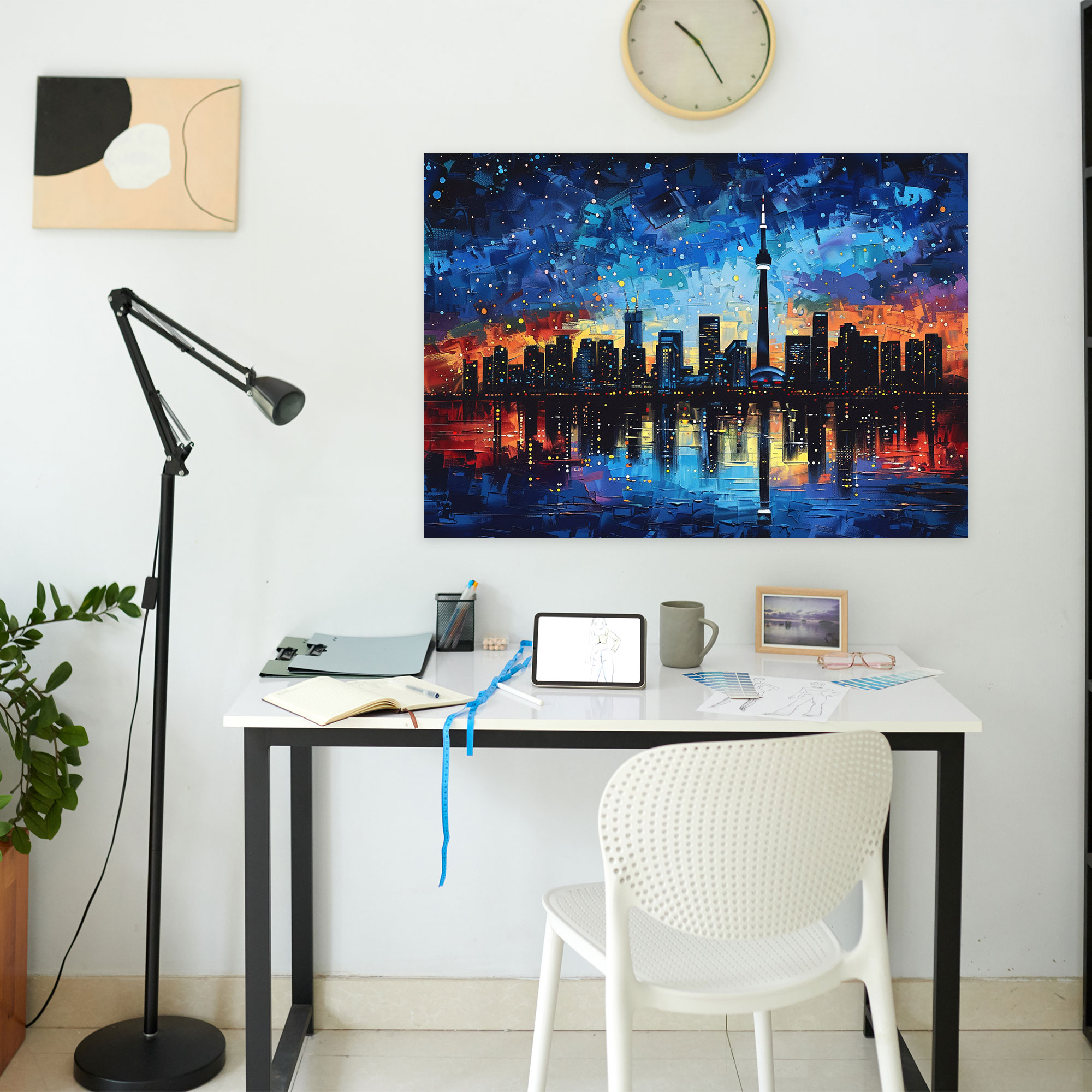 City Skyline Pointillism Canvas Print - Pointillism, City Skyline, Night, Wall Decoration