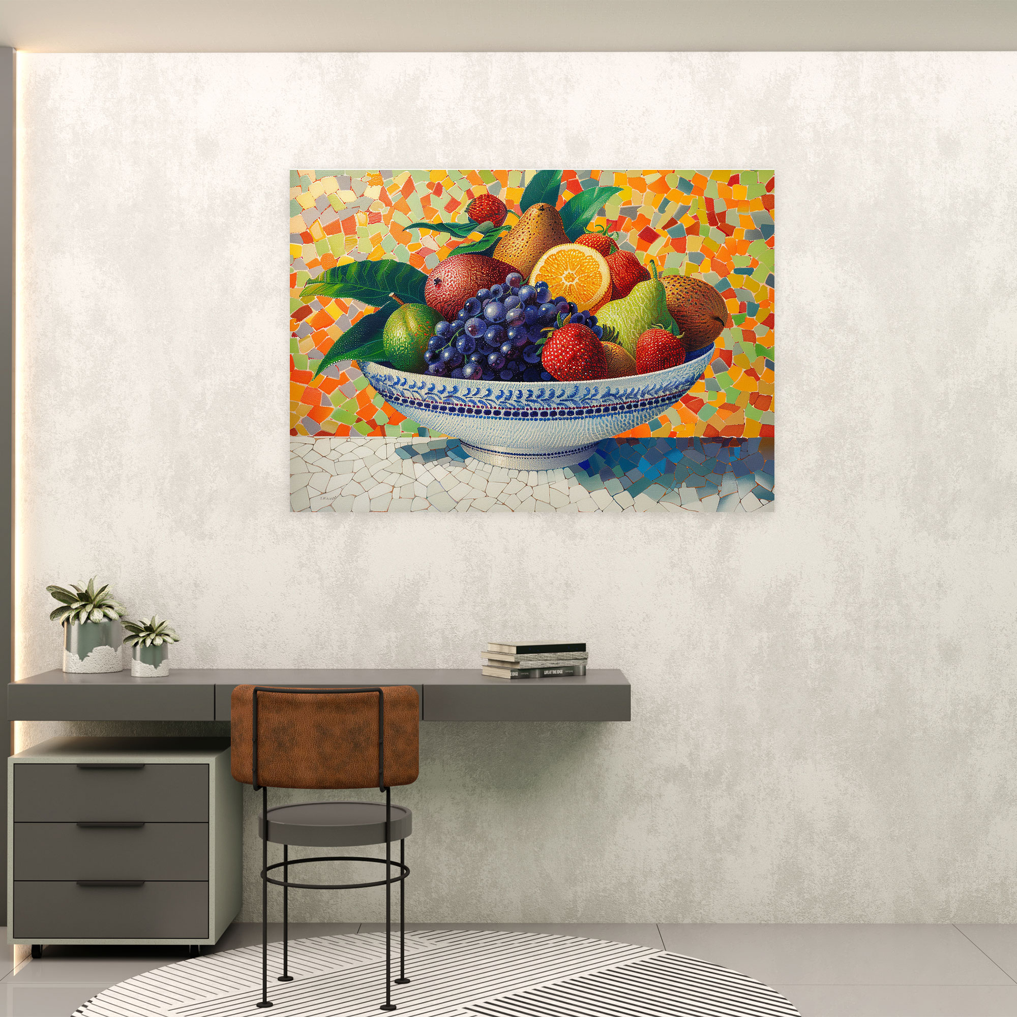 Fruit Bowl Still Life Pointillism Canvas Print - Pointillism, Wall Decoration, Fruit Bowl, Canvas Print