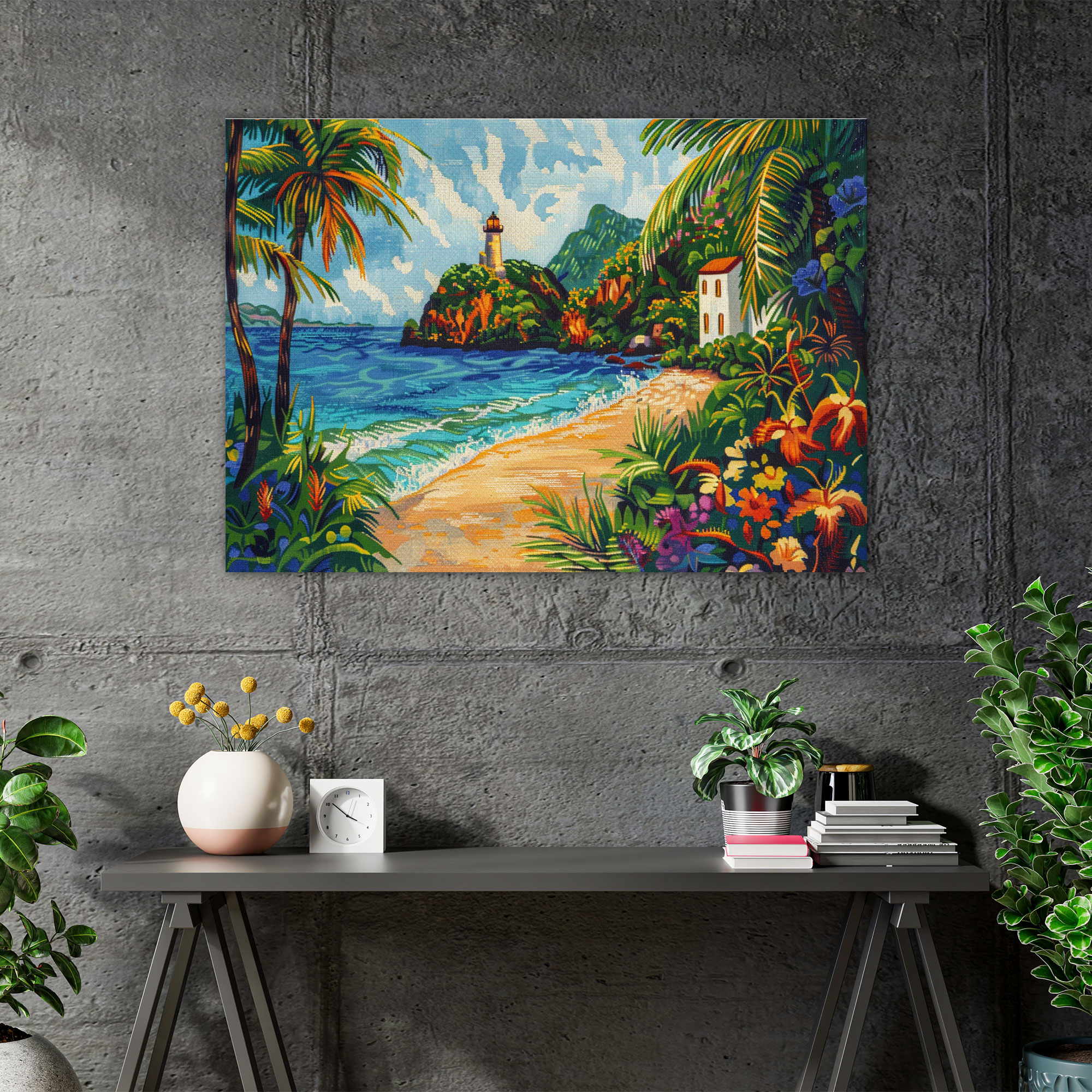 Coastal Lighthouse Pointillism Wall Art - Pointillism, Canvas Print, Canvas Wall Art, Serene