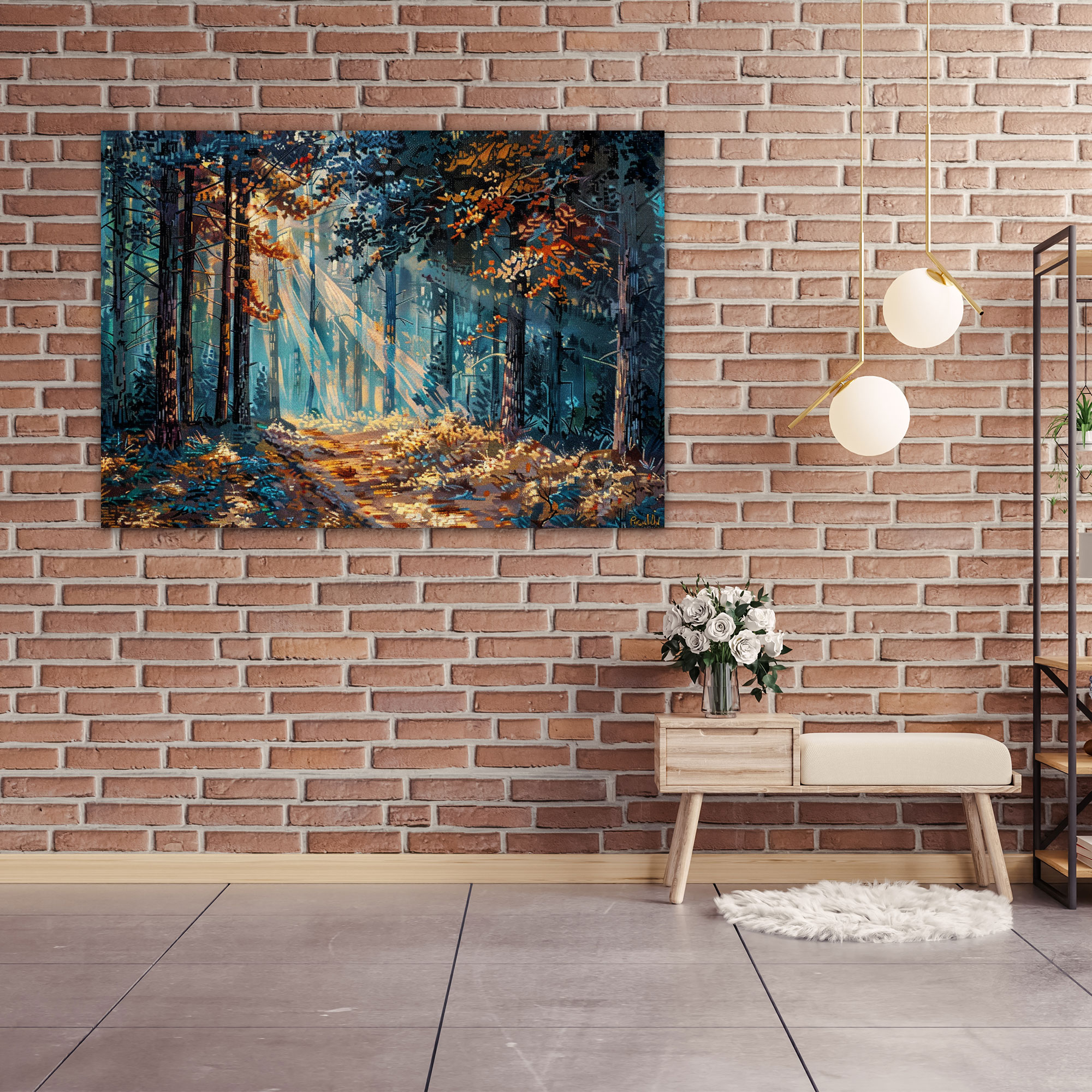 Sunlit Forest Pointillism Wall Art - Pointillism, Pointillism, Forest Landscape, Sun Rays
