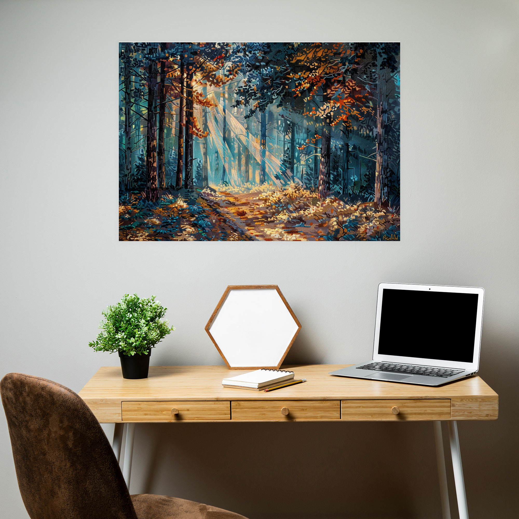 Sunlit Forest Pointillism Wall Art - Pointillism, Pointillism, Forest Landscape, Sun Rays