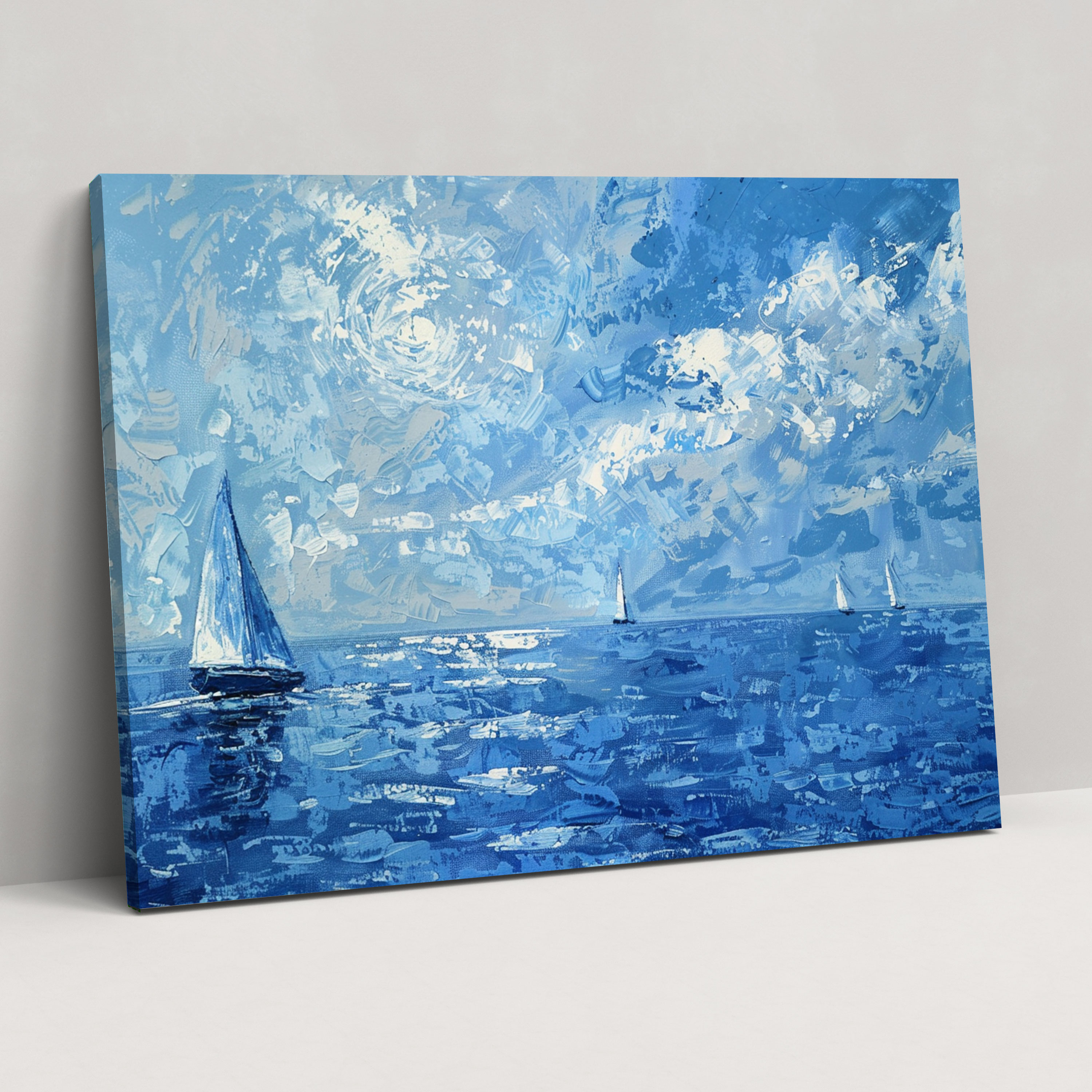 Seascape Sailboats Pointillism Canvas Print - Pointillism, Home Decoration, Canvas Wall Art, Wall Decoration