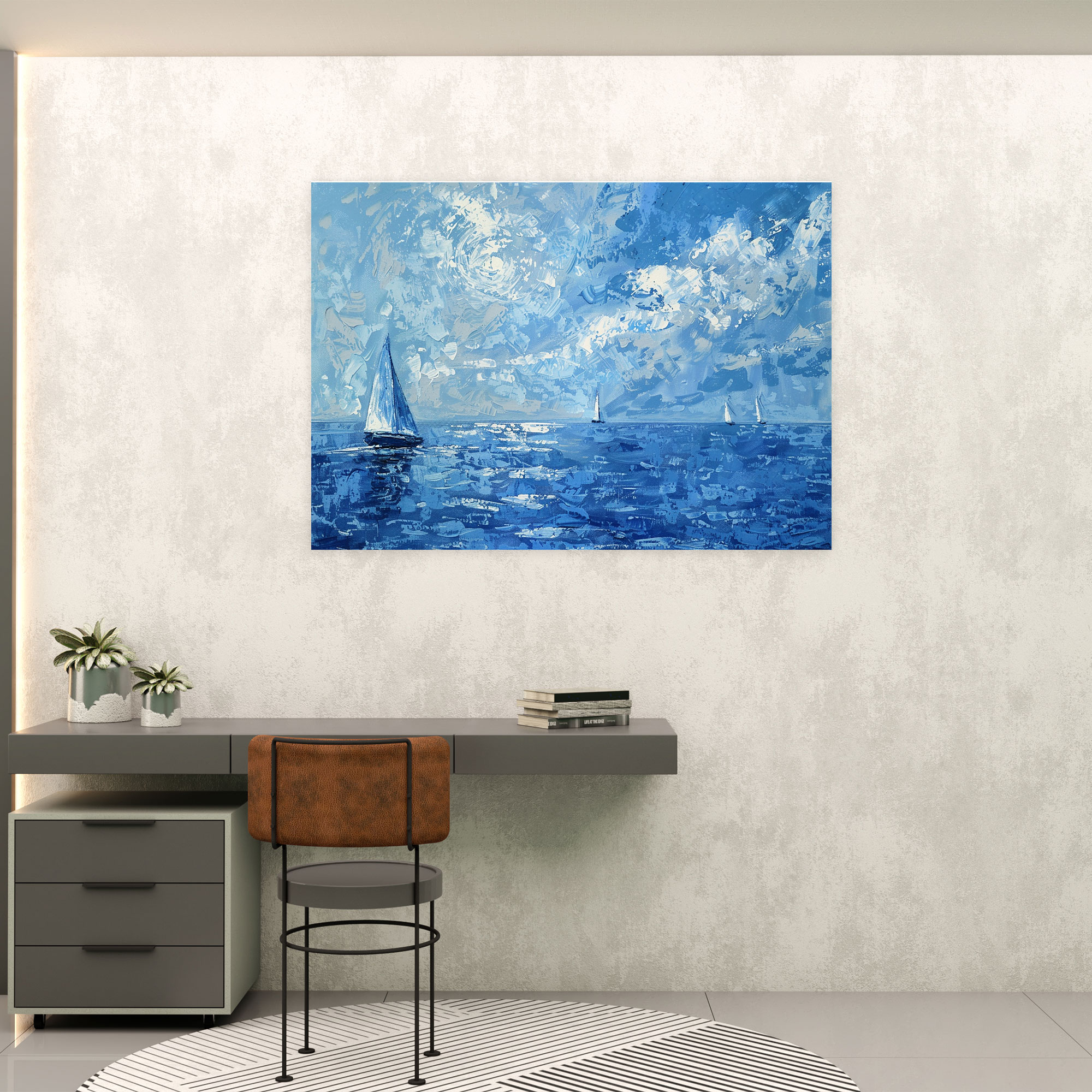 Seascape Sailboats Pointillism Canvas Print - Pointillism, Home Decoration, Canvas Wall Art, Wall Decoration