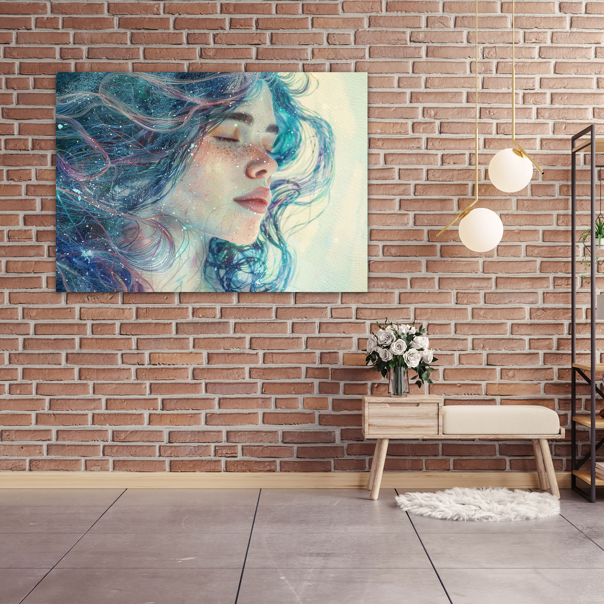 Flowing Hair Portrait Pointillism Wall Decoration - Pointillism, Canvas, Wall Art, Canvas Wall Art
