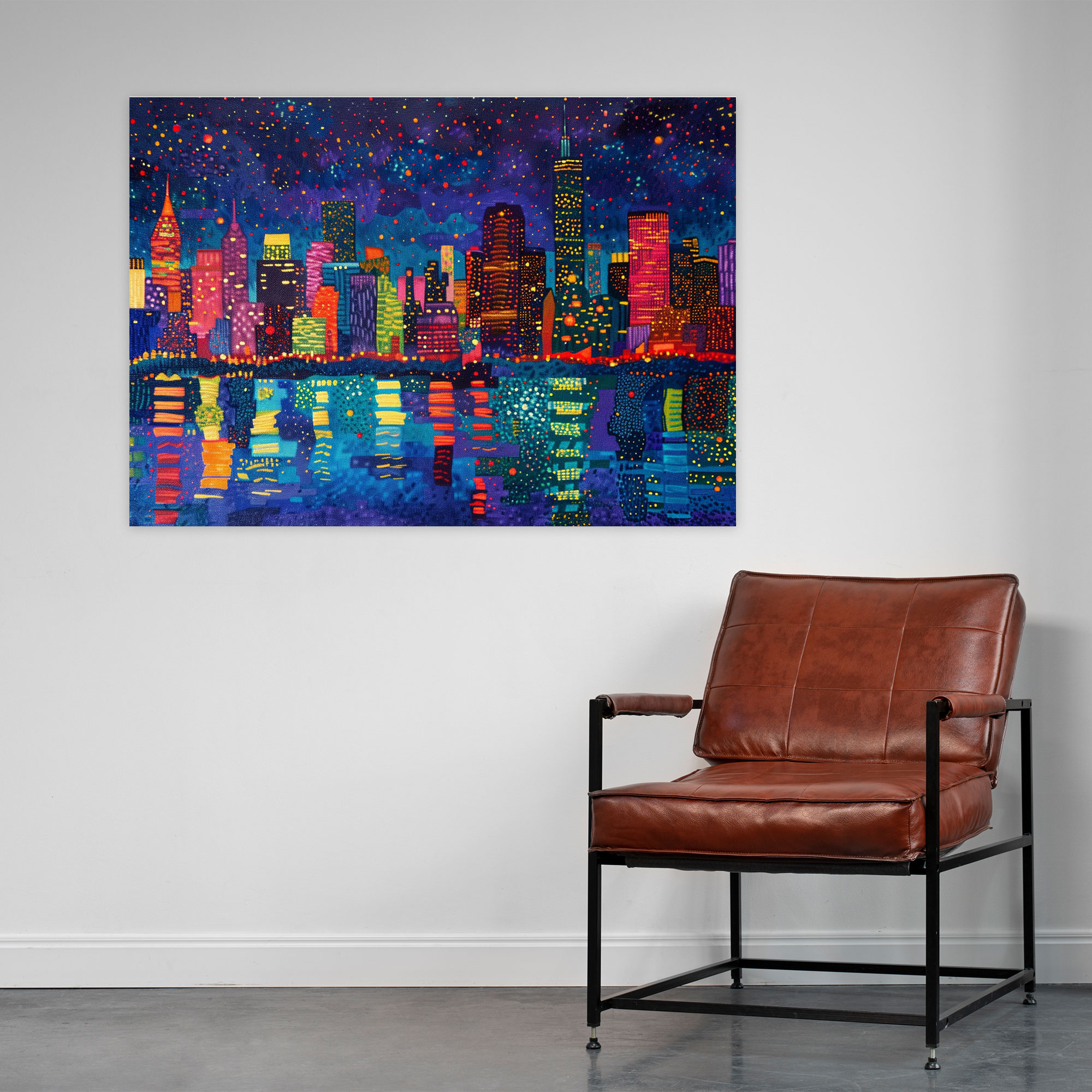 Cityscape Night Pointillism Canvas Print - Pointillism, Home Decoration, Canvas Print, Canvas