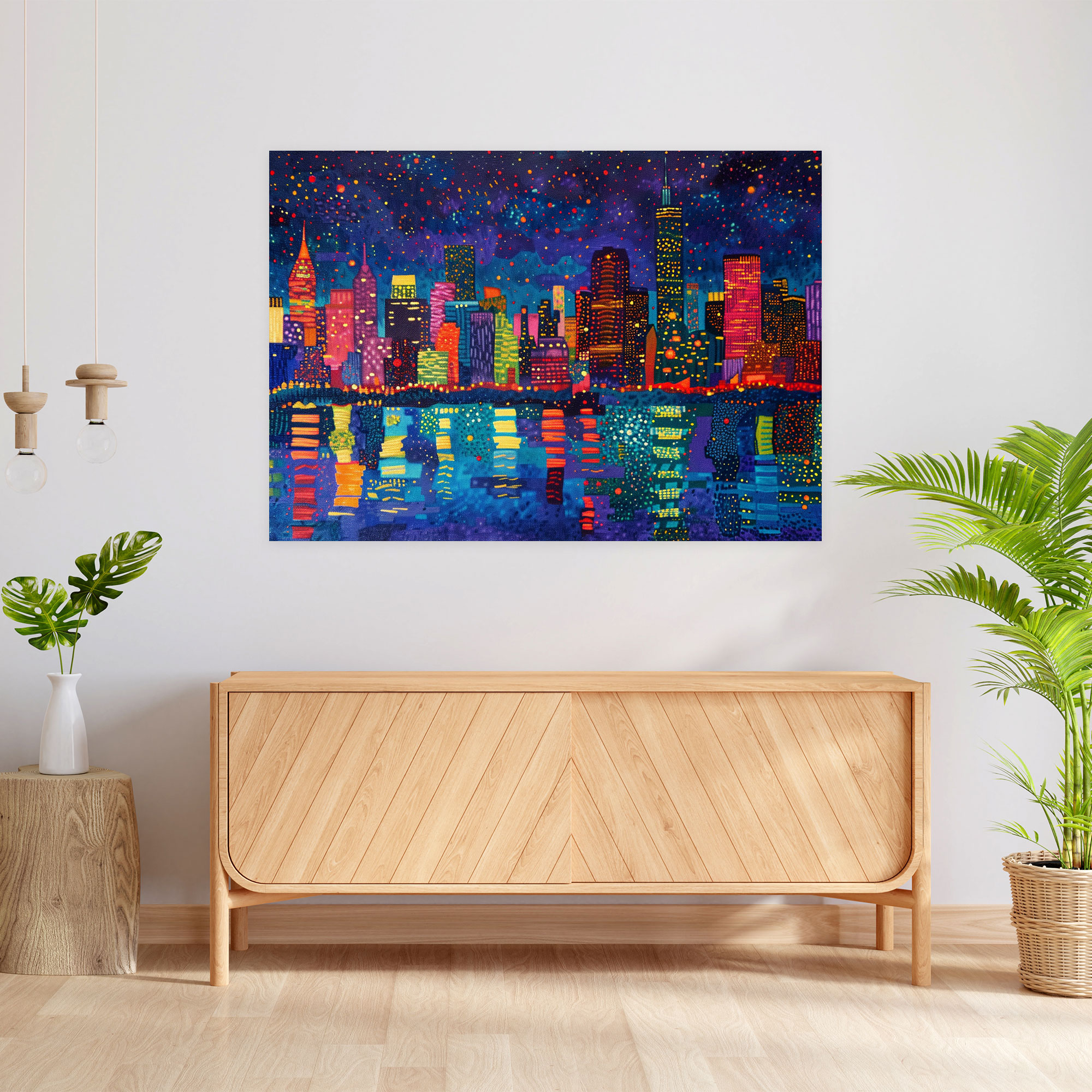 Cityscape Night Pointillism Canvas Print - Pointillism, Home Decoration, Canvas Print, Canvas