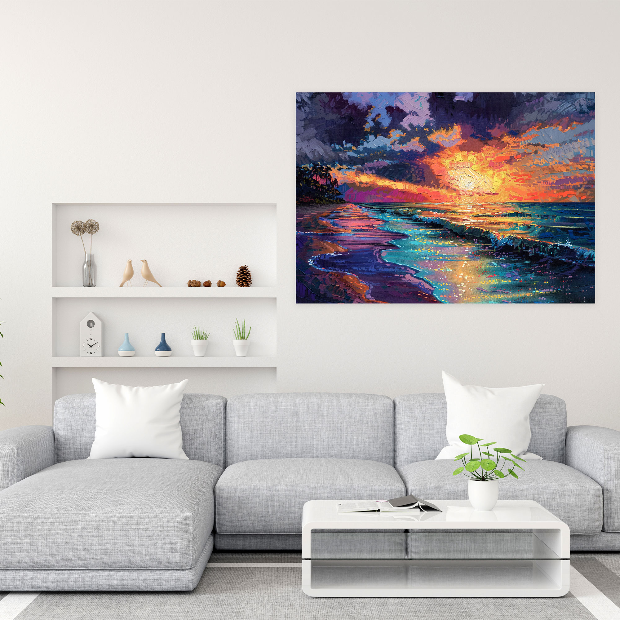 Pointillism Beach Sunset Wall Decoration - Pointillism, Pointillism, Canvas, Home Decoration