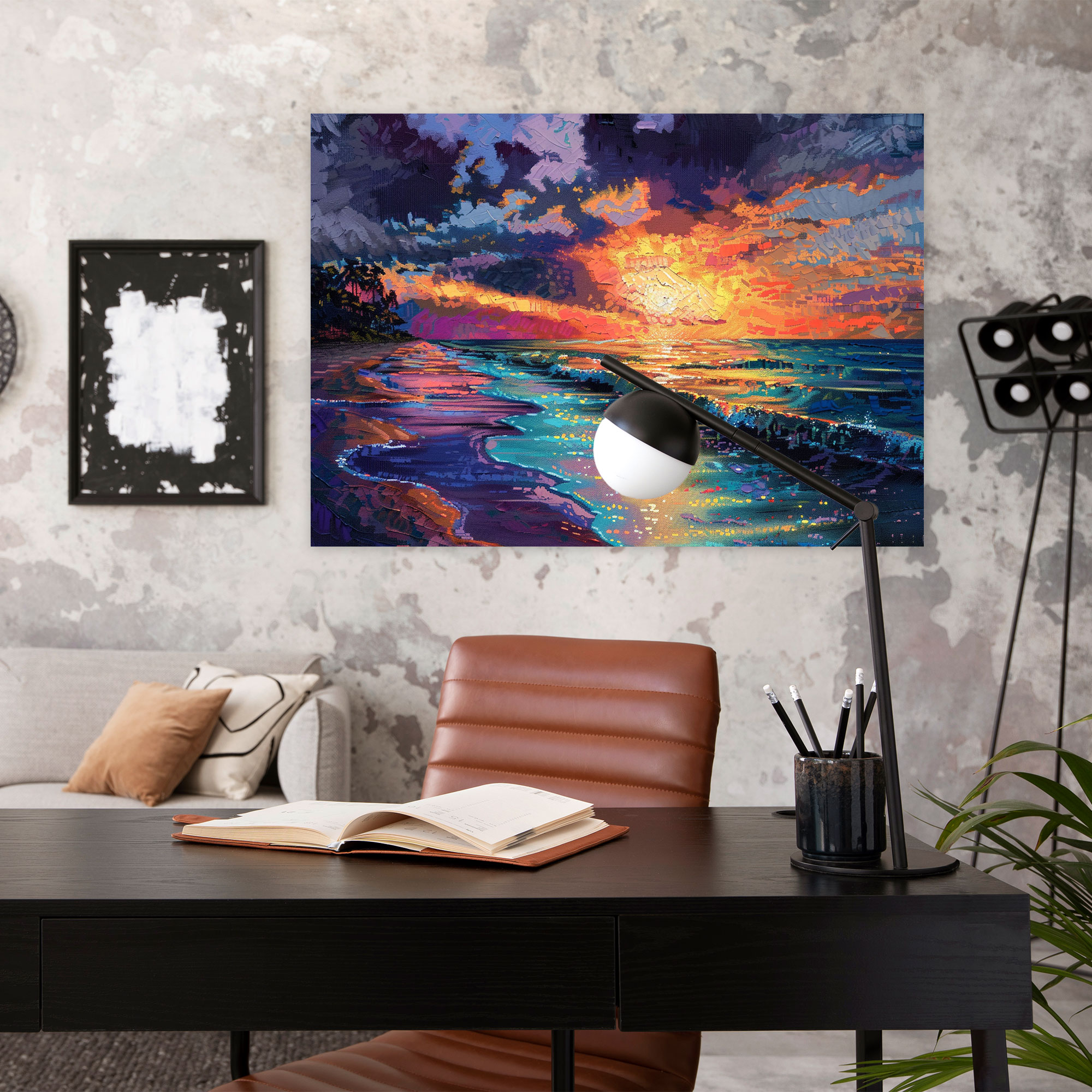 Pointillism Beach Sunset Wall Decoration - Pointillism, Pointillism, Canvas, Home Decoration