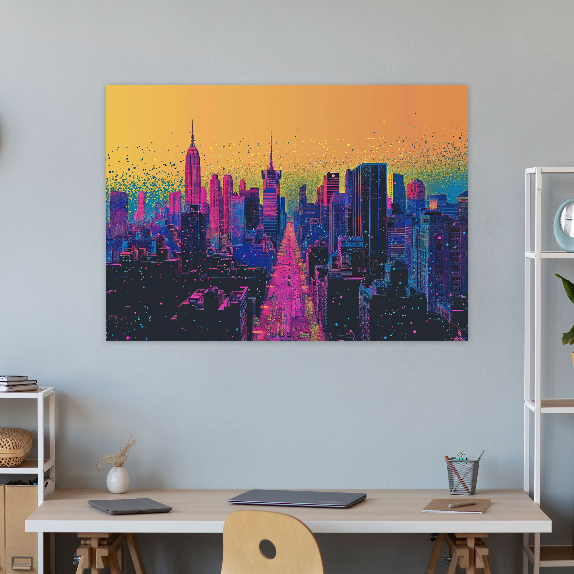 Retro City Skyline Pointillism Wall Art - Pointillism, Home Decoration, Wall Art, Canvas Print