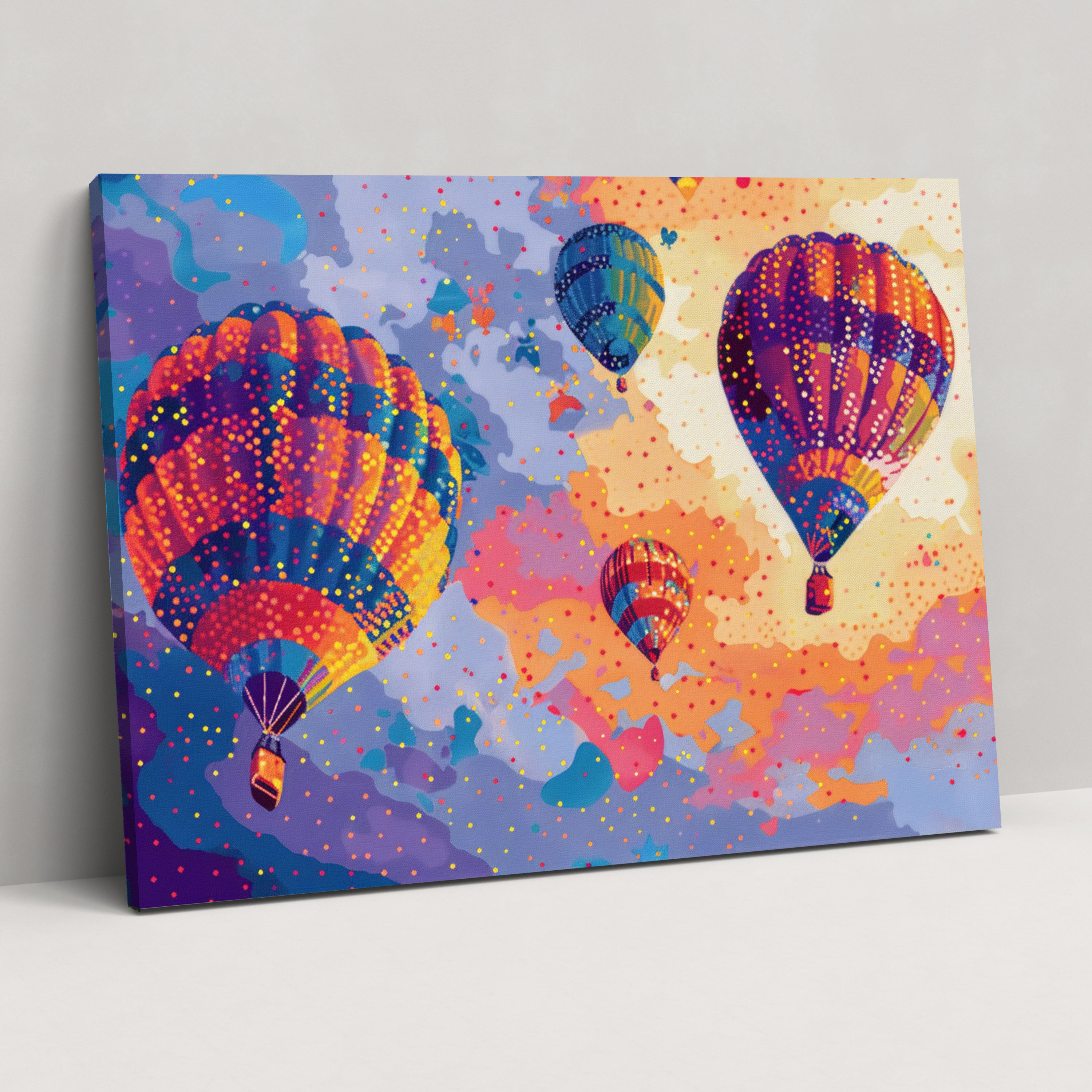 Hot Air Balloons Pointillism Canvas Print - Pointillism, Canvas, Canvas Wall Art, Wall Decoration