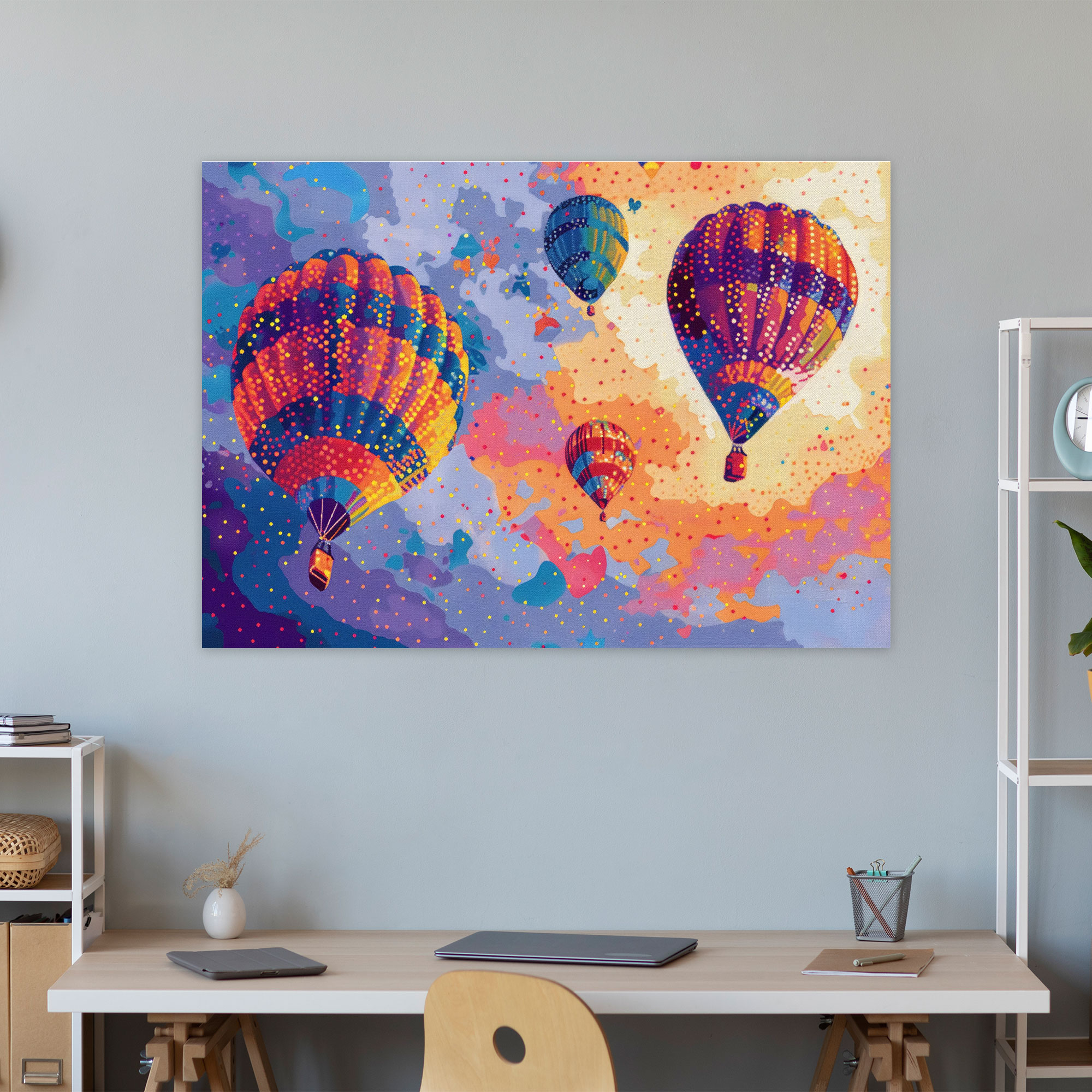 Hot Air Balloons Pointillism Canvas Print - Pointillism, Canvas, Canvas Wall Art, Wall Decoration
