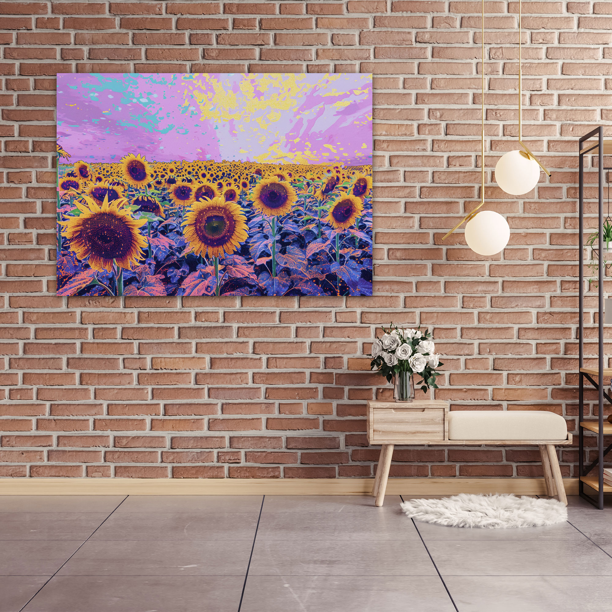 Pointillism Sunflower Field Wall Art - Pointillism, Sunflower Field, Home Decoration, Wall Art