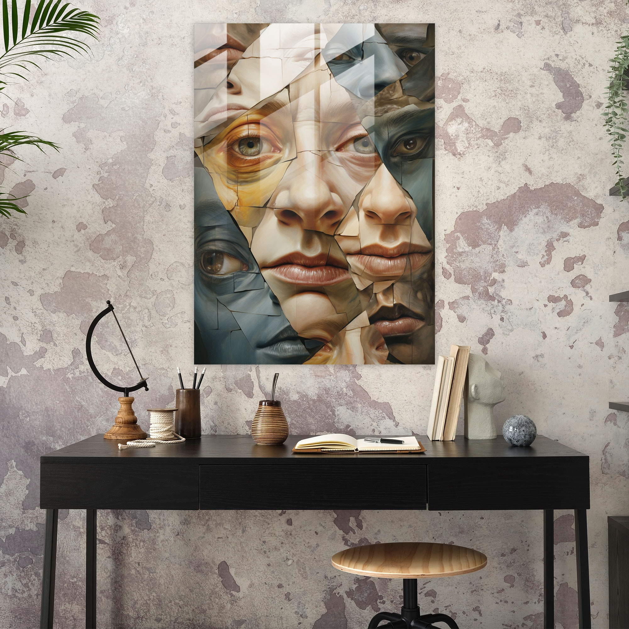 Pablo Picasso Faces In Perspectives Glass Print - Pablo Picasso, Collage, Modern Art, Wall Decoration