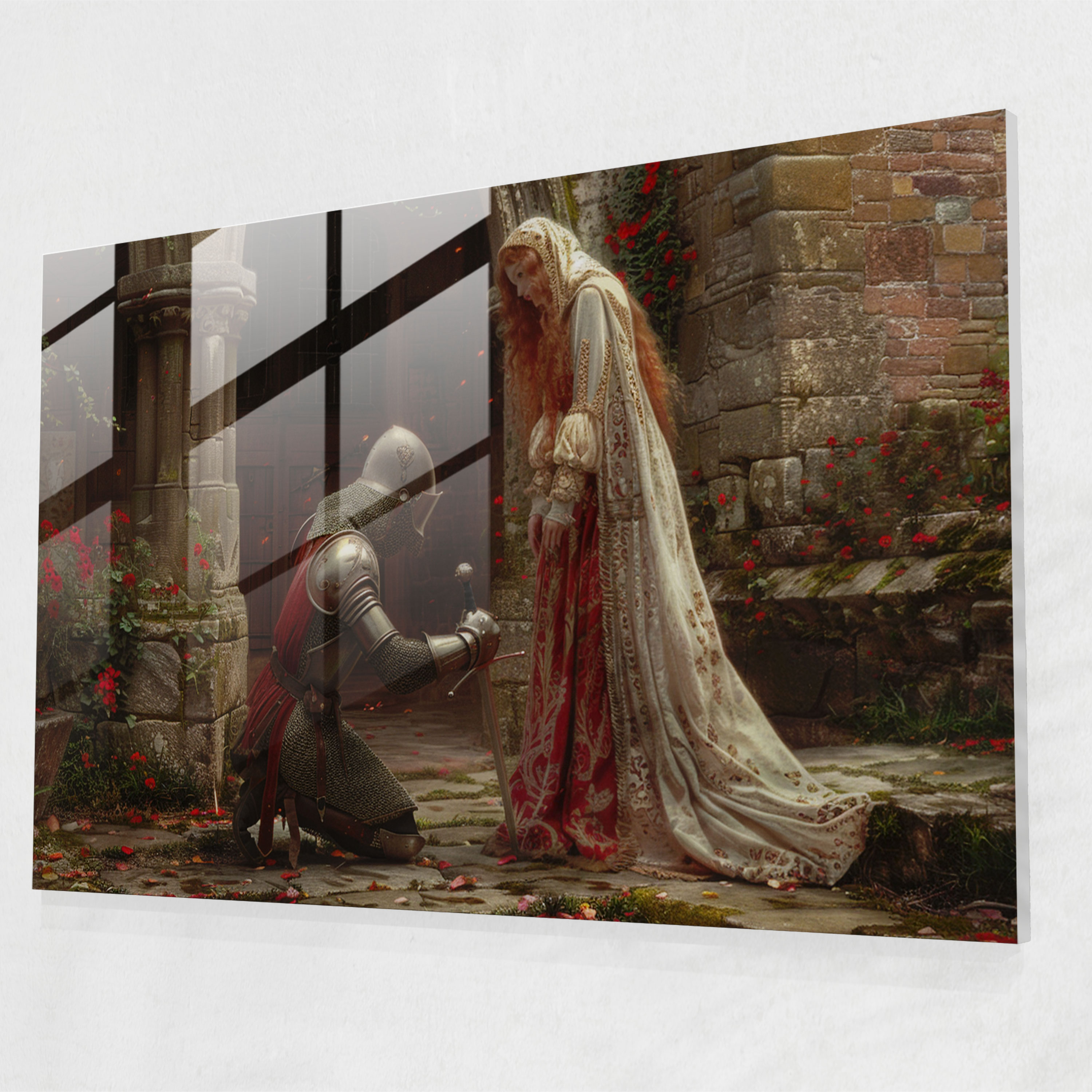 Şövalye ve Leydi Cam Duvar Sanatı - Pre-Raphaelite Brotherhood Cam Sanatı Ev Dekorasyonu