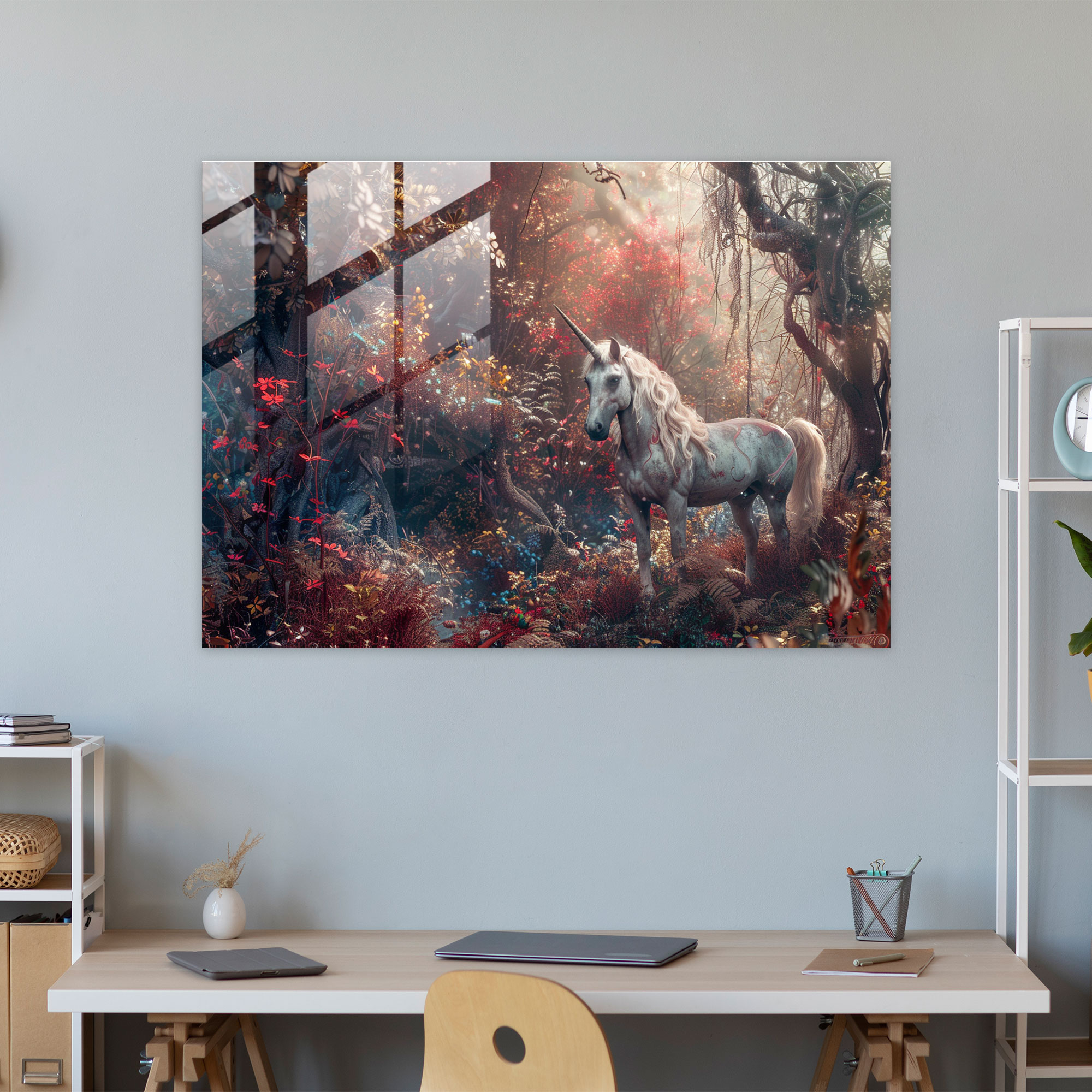 Büyülü Tek Boynuzlu At Cam Tablo - Ön Raphaelci Kardeşlik Ev Dekorasyonu