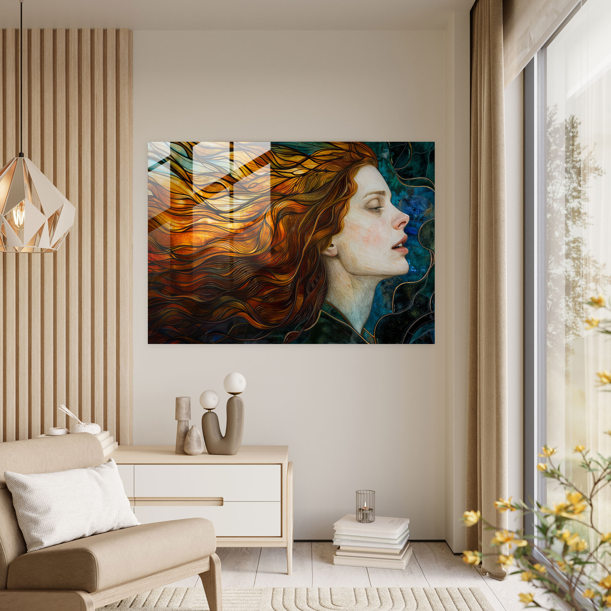 Akacak Saçlı Kadın Cam Sanatı - Ön-Raphael Kardeşlik Cam Duvar Sanatı Cam Tablo Modern Sanat