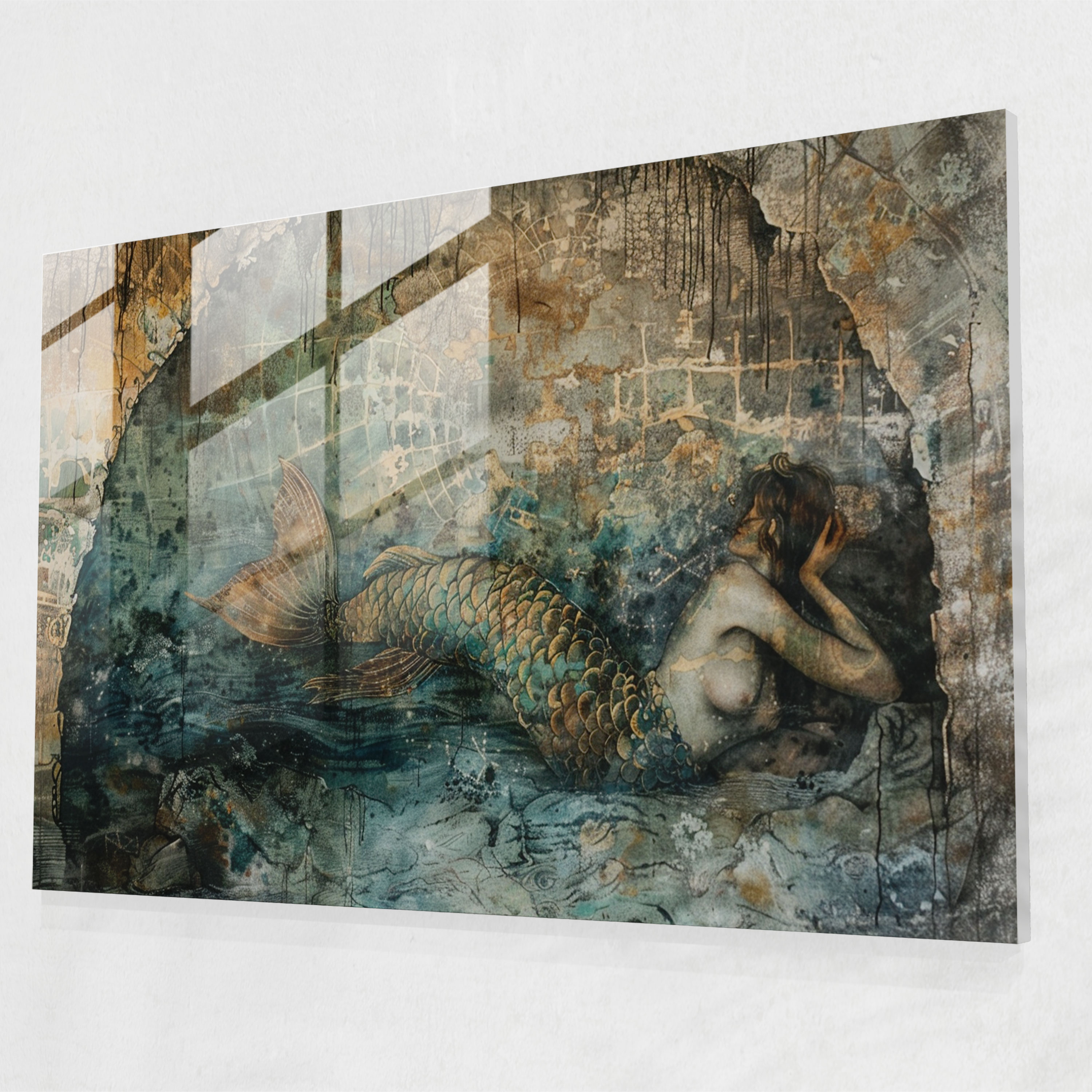 Denizkızı Fantazi Cam Tablo - Pre-Raphaelite Brotherhood Duvar Süsü Cam Sanatı