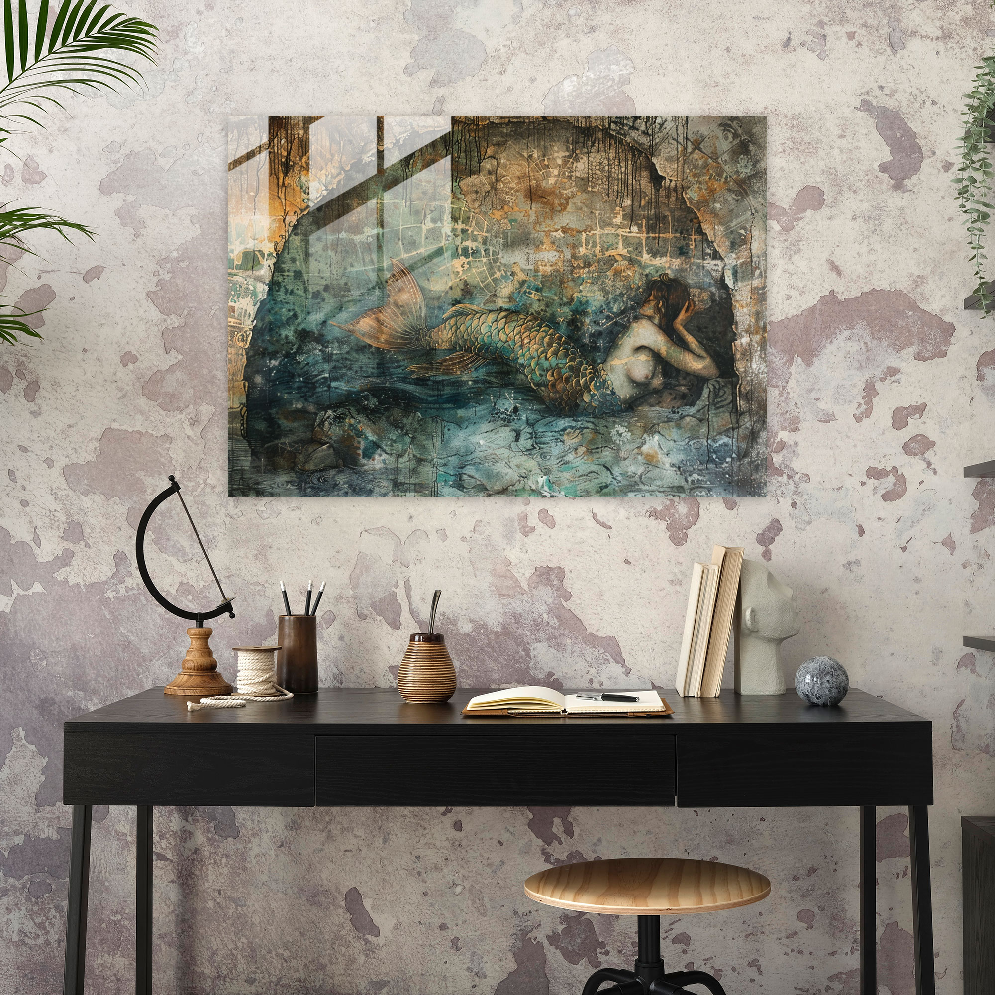 Denizkızı Fantazi Cam Tablo - Pre-Raphaelite Brotherhood Duvar Süsü Cam Sanatı