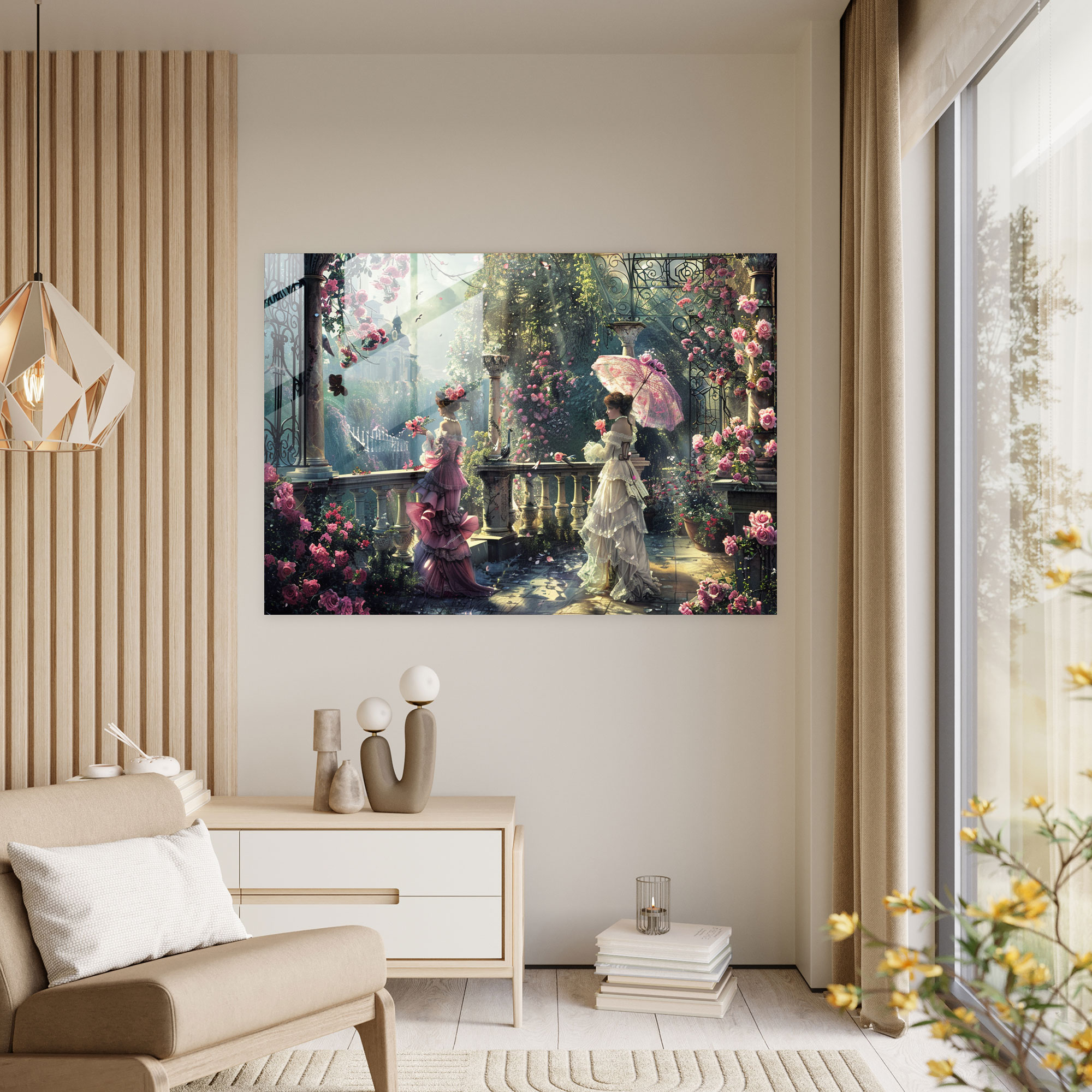 Victorian Garden Glass Wall Art - Pre-Raphaelite Brotherhood, Modern Art, Flowers, Elegant Ladies