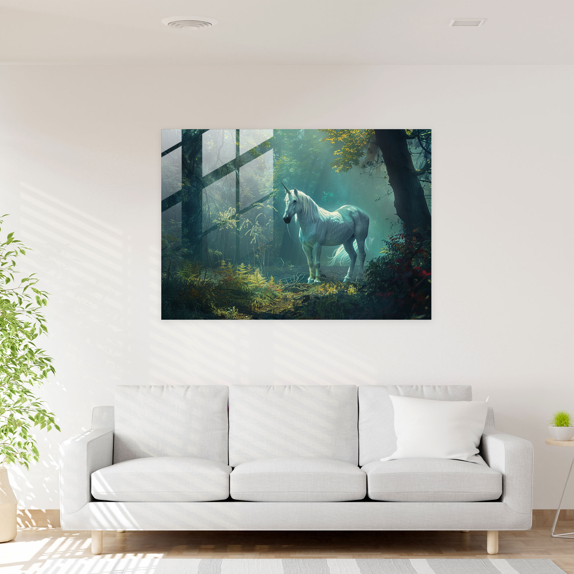 Pre-Raphaelite Brotherhood Cam Tablo - Muhteşem Unicorn - Per-Raphaelite Brotherhood Cam Duvar Sanatı Unicorn Sanatı Büyülü Orman