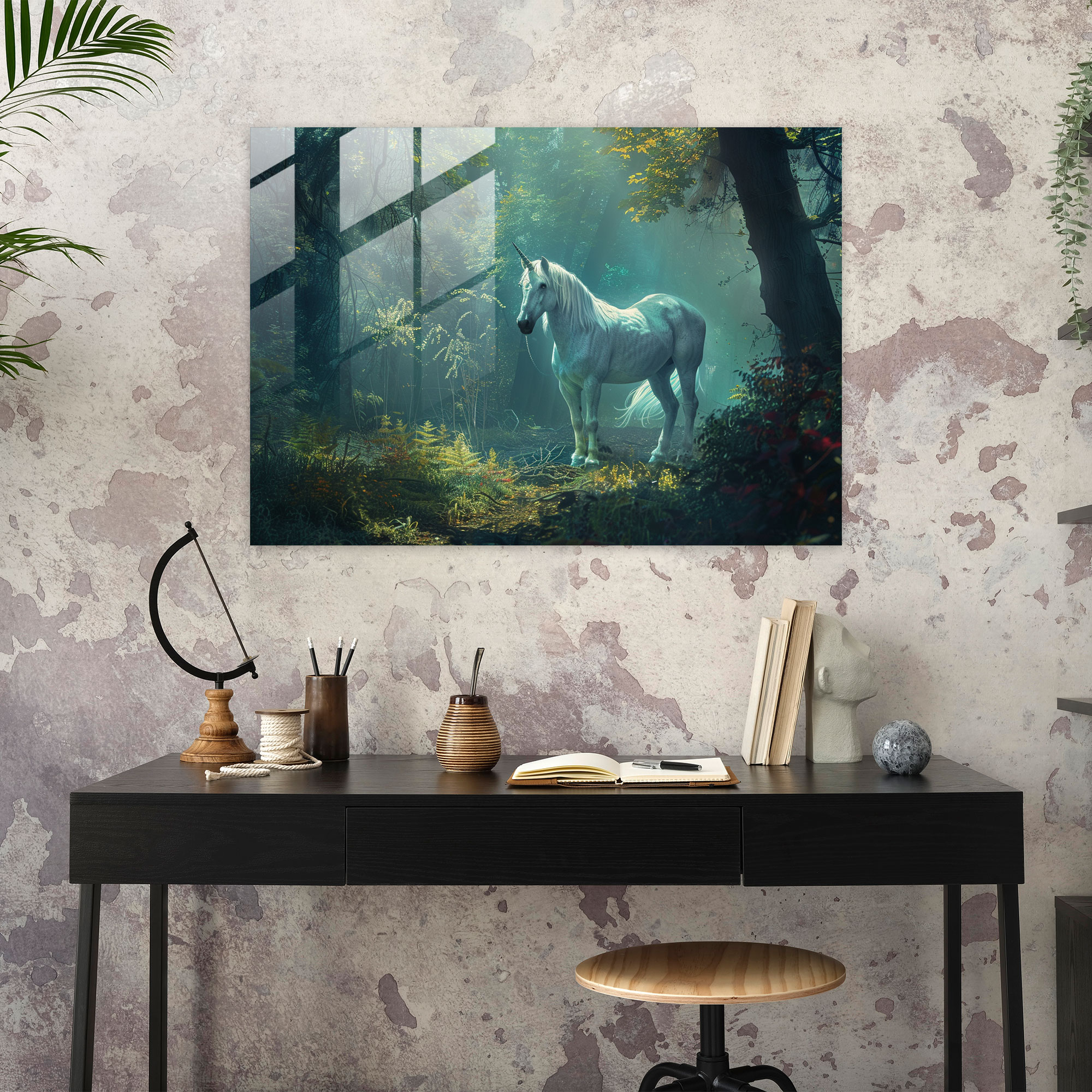 Pre-Raphaelite Brotherhood Cam Tablo - Muhteşem Unicorn - Per-Raphaelite Brotherhood Cam Duvar Sanatı Unicorn Sanatı Büyülü Orman