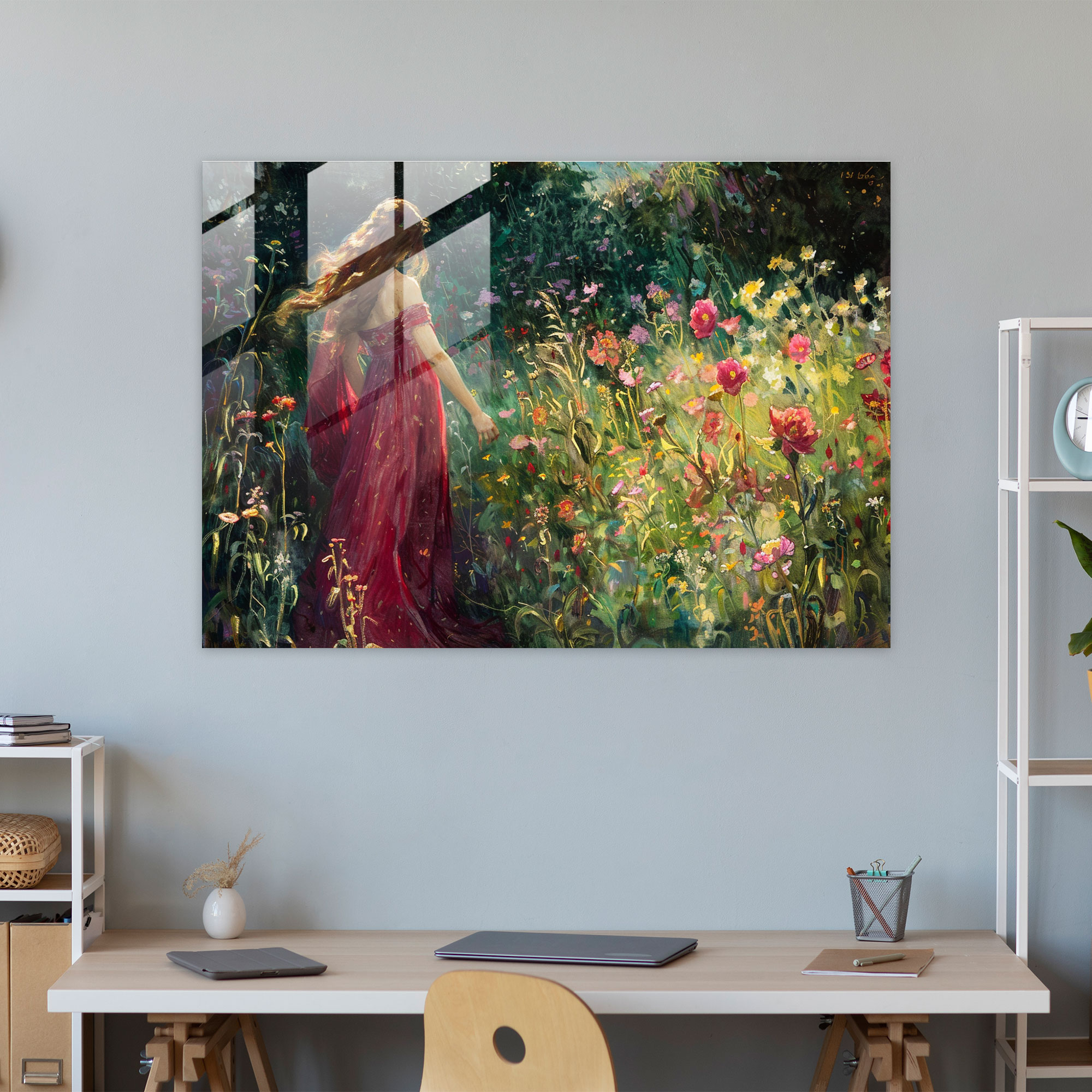Pre-Raphaelite Brotherhood Glass Print - Flower Maiden In Lush Garden - Pre-Raphaelite Brotherhood, Flower Maiden, Home Decoration, Radiant Colors