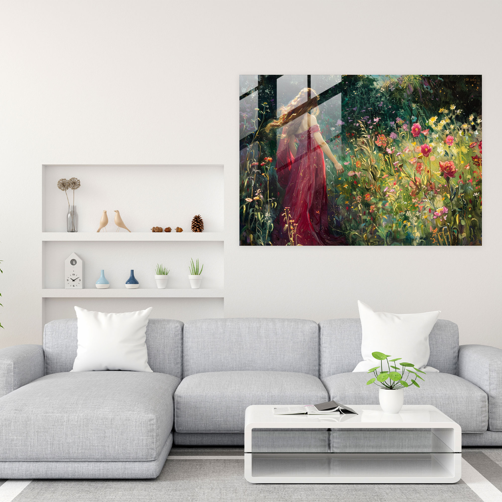 Pre-Raphaelite Brotherhood Glass Print - Flower Maiden In Lush Garden - Pre-Raphaelite Brotherhood, Flower Maiden, Home Decoration, Radiant Colors