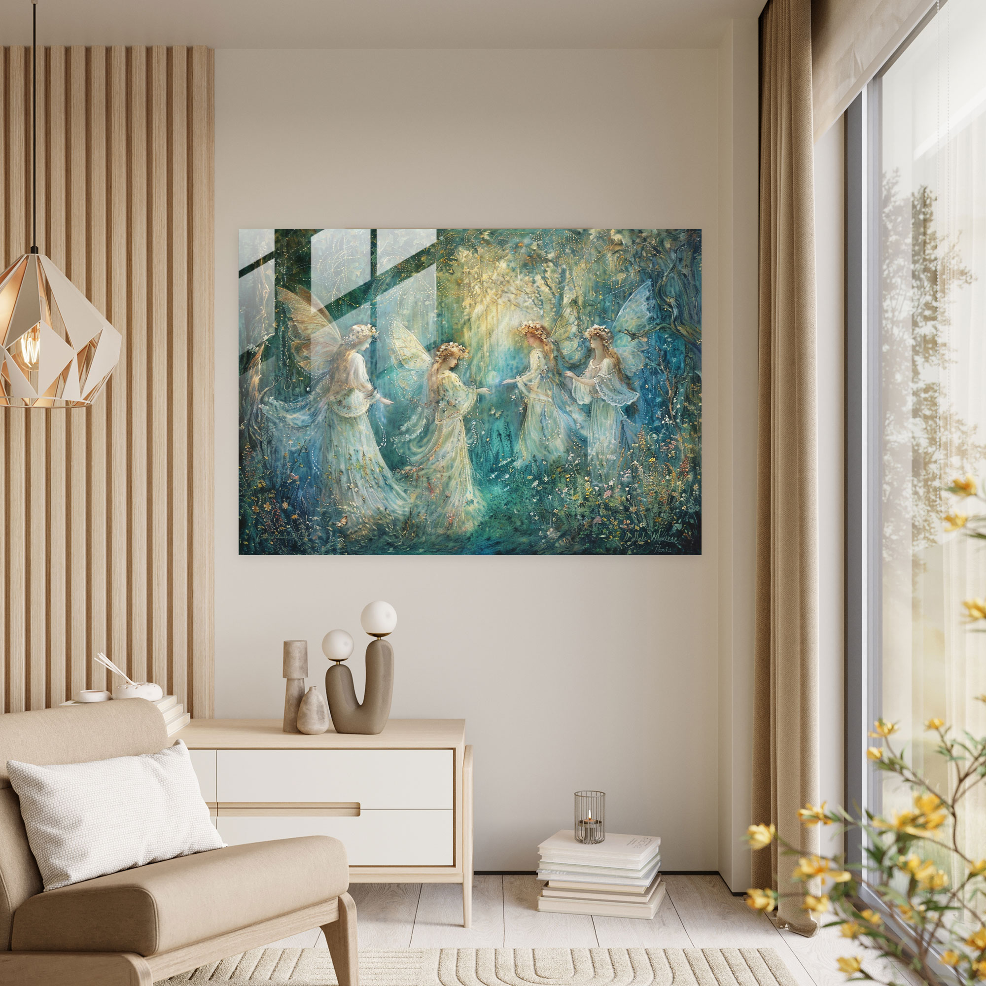 Pre-Raphaelite Brotherhood Glass Print - Mystical Fairies In Enchanted Garden - Pre-Raphaelite Brotherhood, Enchanted Garden, Soft Pastel Hues, Glass Print