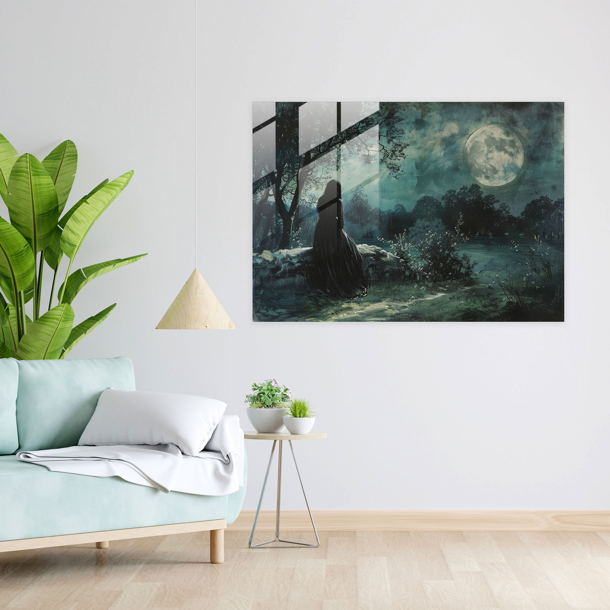Moonlit Garden Glass Wall Art - Pre-Raphaelite Brotherhood, Enigmatic, Mysterious Figure, Moonlit Garden