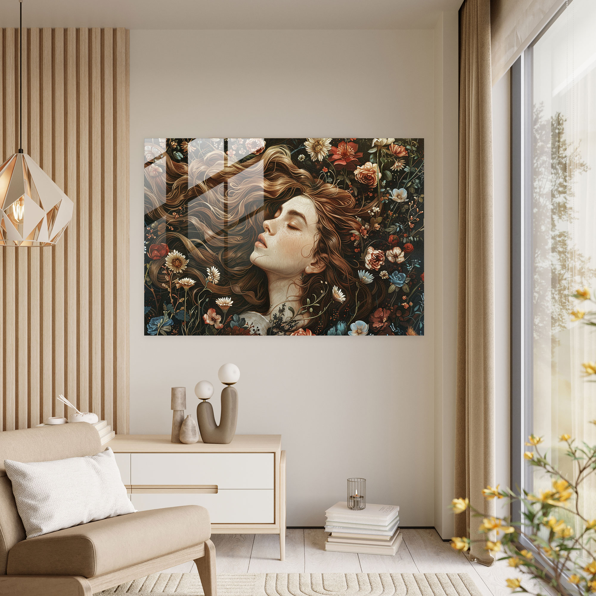 Pre-Raphaelite Brotherhood Woman With Flowers Glass Wall Art - Pre-Raphaelite Brotherhood, Glass Art, Wall Decoration, Home Decoration