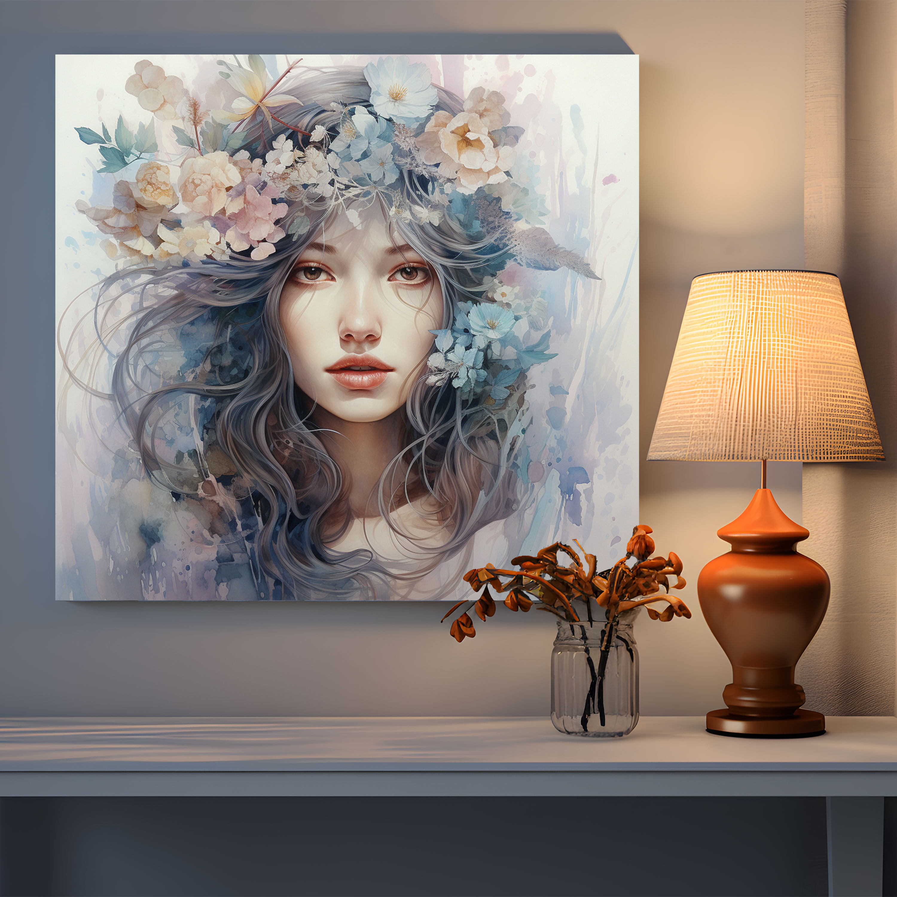 Portrait Canvas Print - Watercolor Painting - Portrait, Portrait, Serenity, Floral Elements