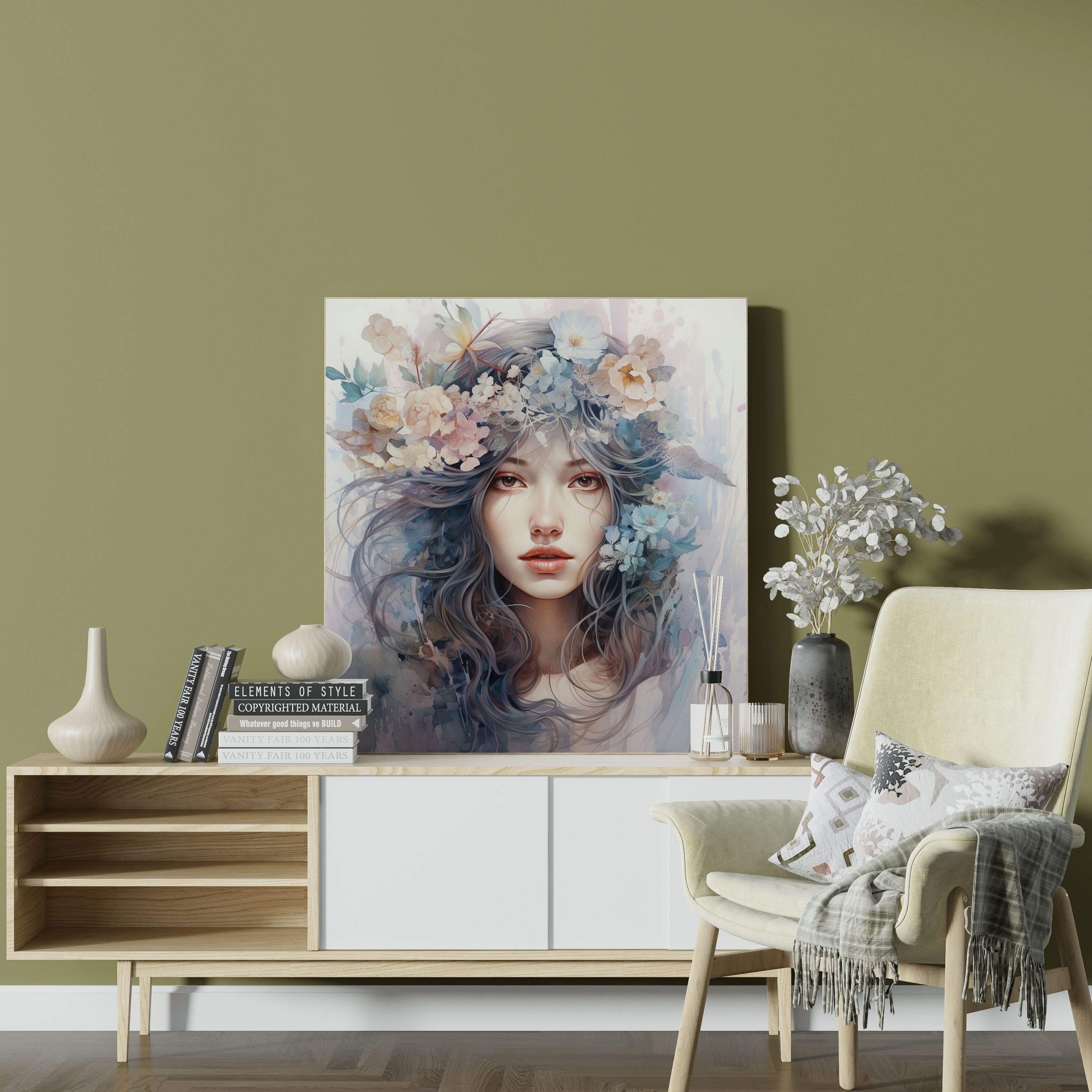 Portrait Canvas Print - Watercolor Painting - Portrait, Portrait, Serenity, Floral Elements