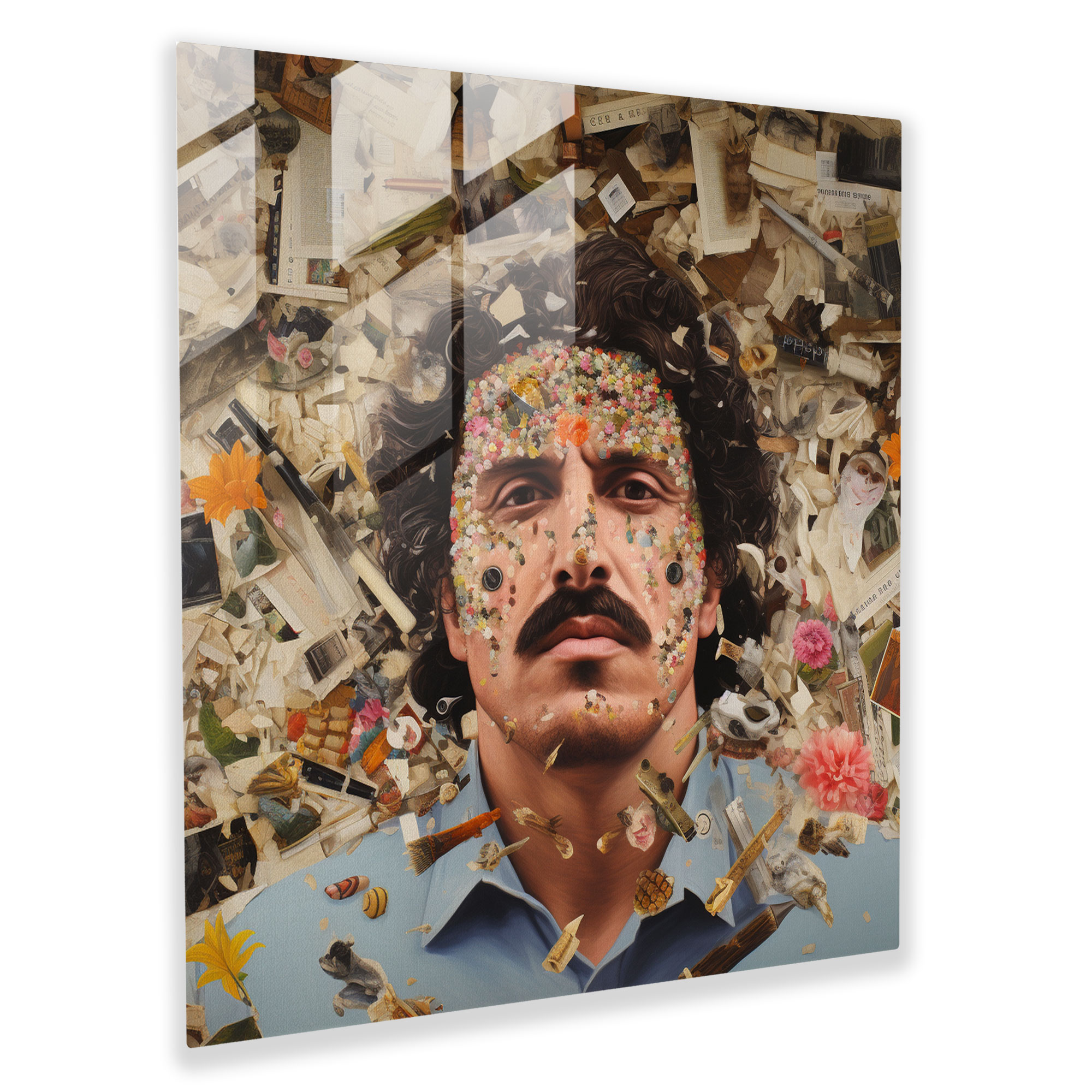 Pablo Escobar Surreal Collage Glass Print - Pablo Escobar, Pablo Escobar, Glass Print, Thought-Provoking