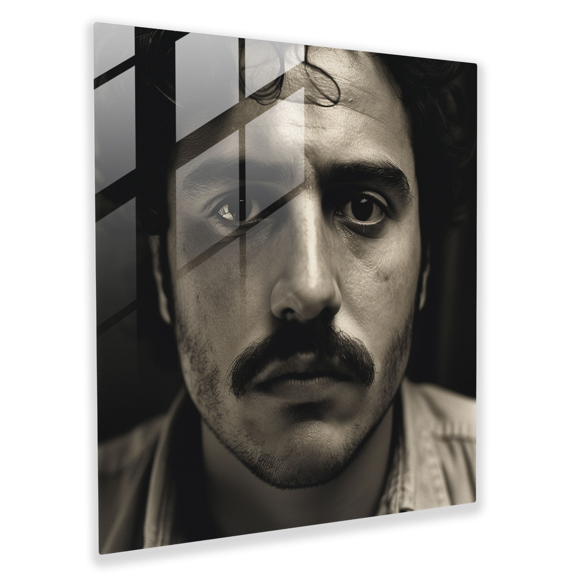 Pablo Escobar Glass Print - Intense Black And White Close-Up - Pablo Escobar, Close-Up Portrait, Glass Wall Art, Wall Decoration
