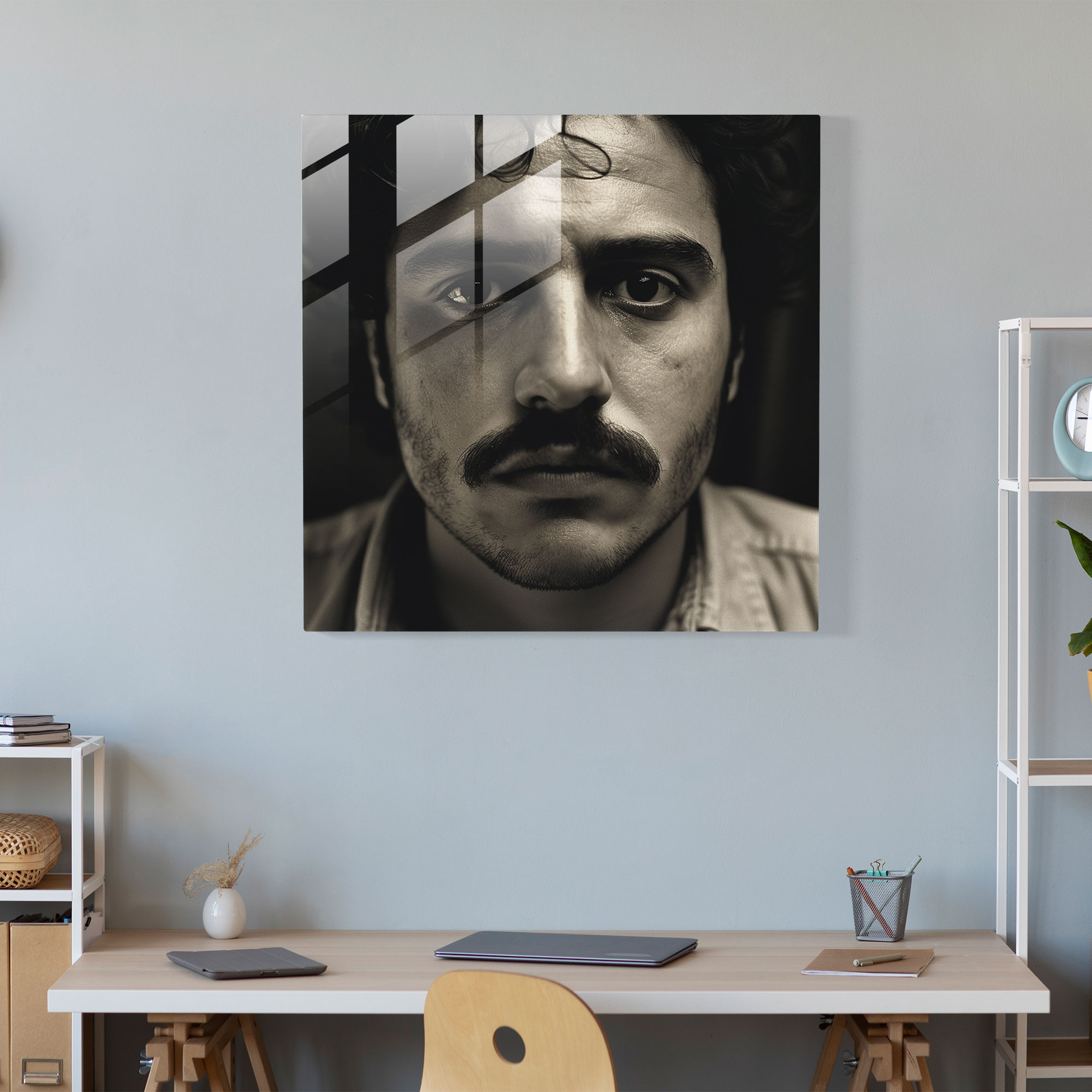 Pablo Escobar Glass Print - Intense Black And White Close-Up - Pablo Escobar, Close-Up Portrait, Glass Wall Art, Wall Decoration