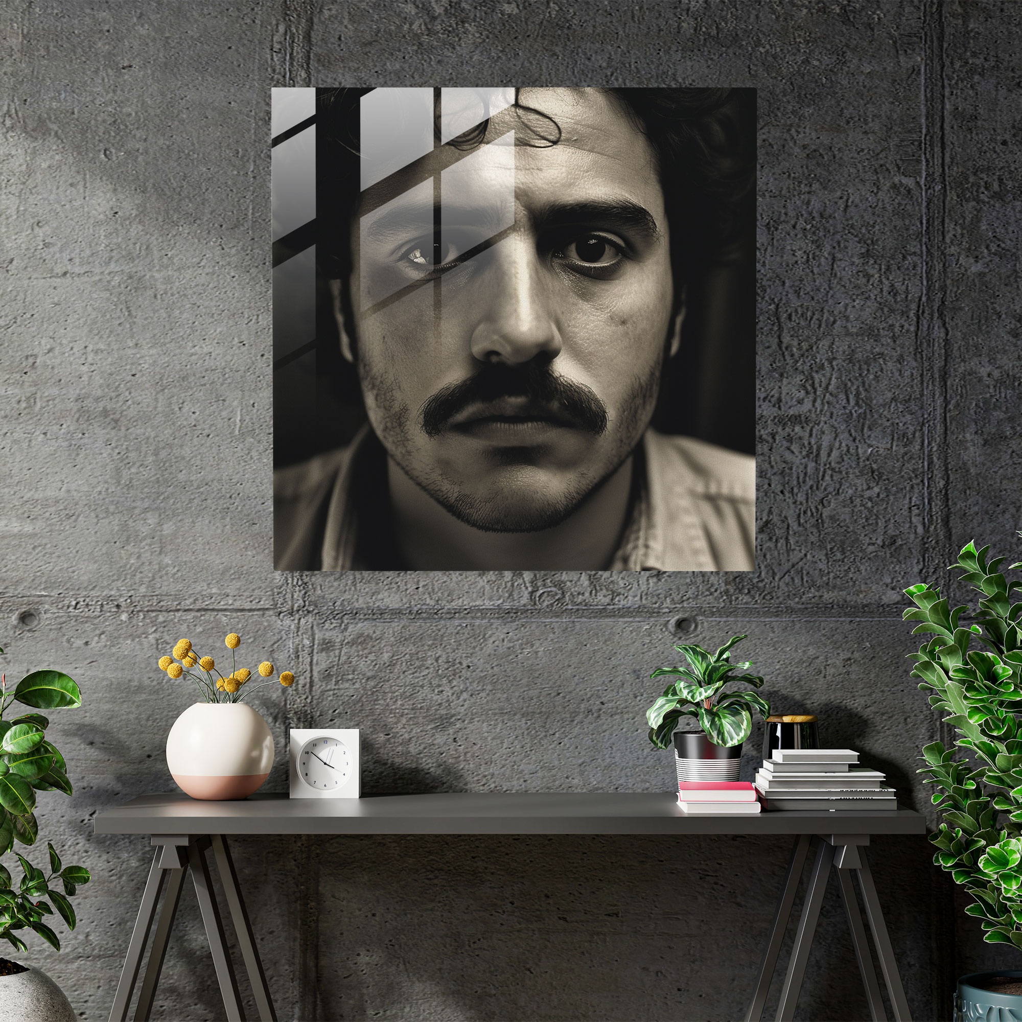 Pablo Escobar Glass Print - Intense Black And White Close-Up - Pablo Escobar, Close-Up Portrait, Glass Wall Art, Wall Decoration